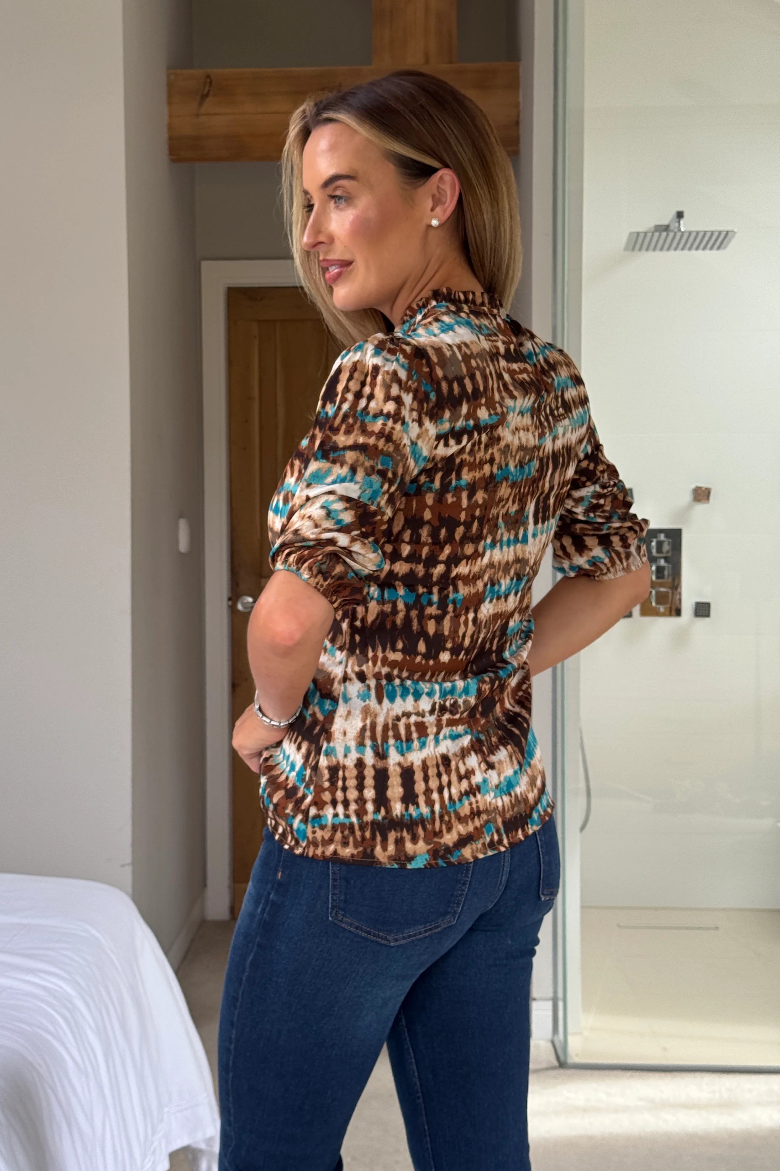 Aurelia Brown Turq Pleated Relax Fitted Top - Image 4