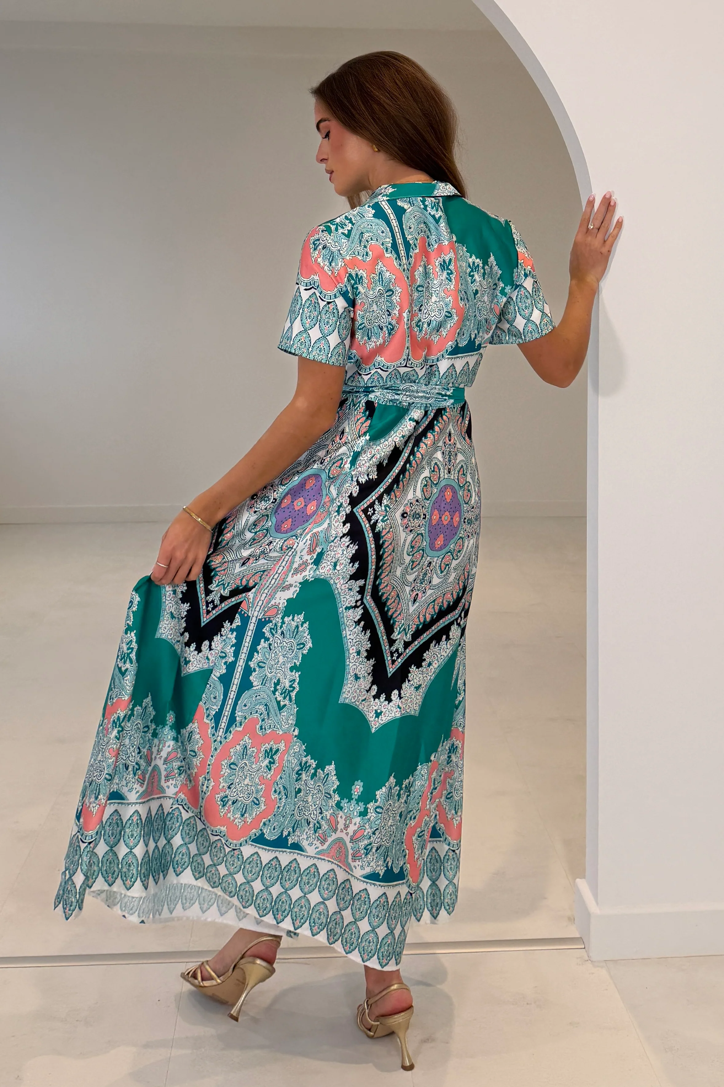 Aurora Paisly Print Midi Shirt Dress Green - Image 5