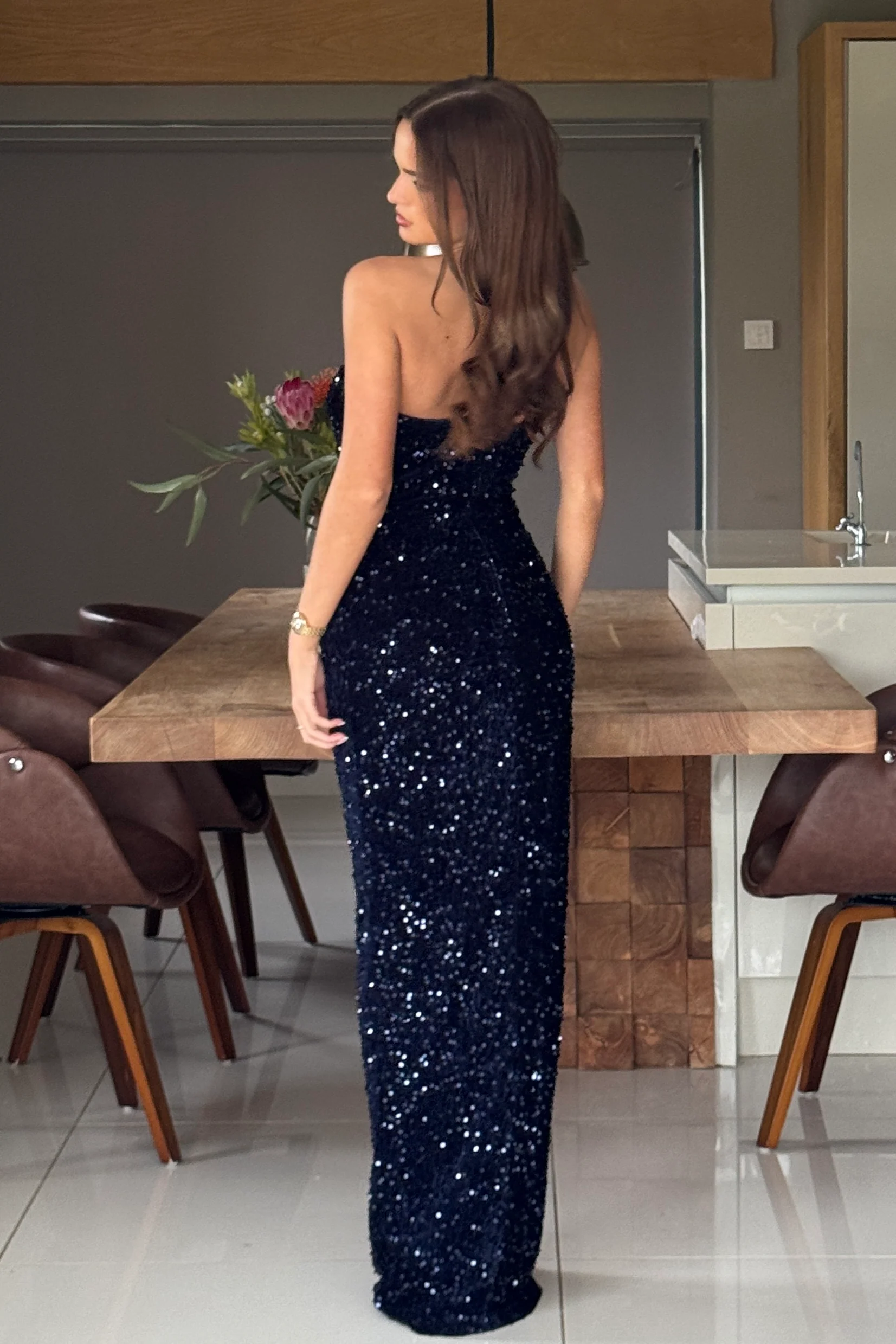 Ava Navy Velvet Sequin Occasion Maxi Dress - Image 5