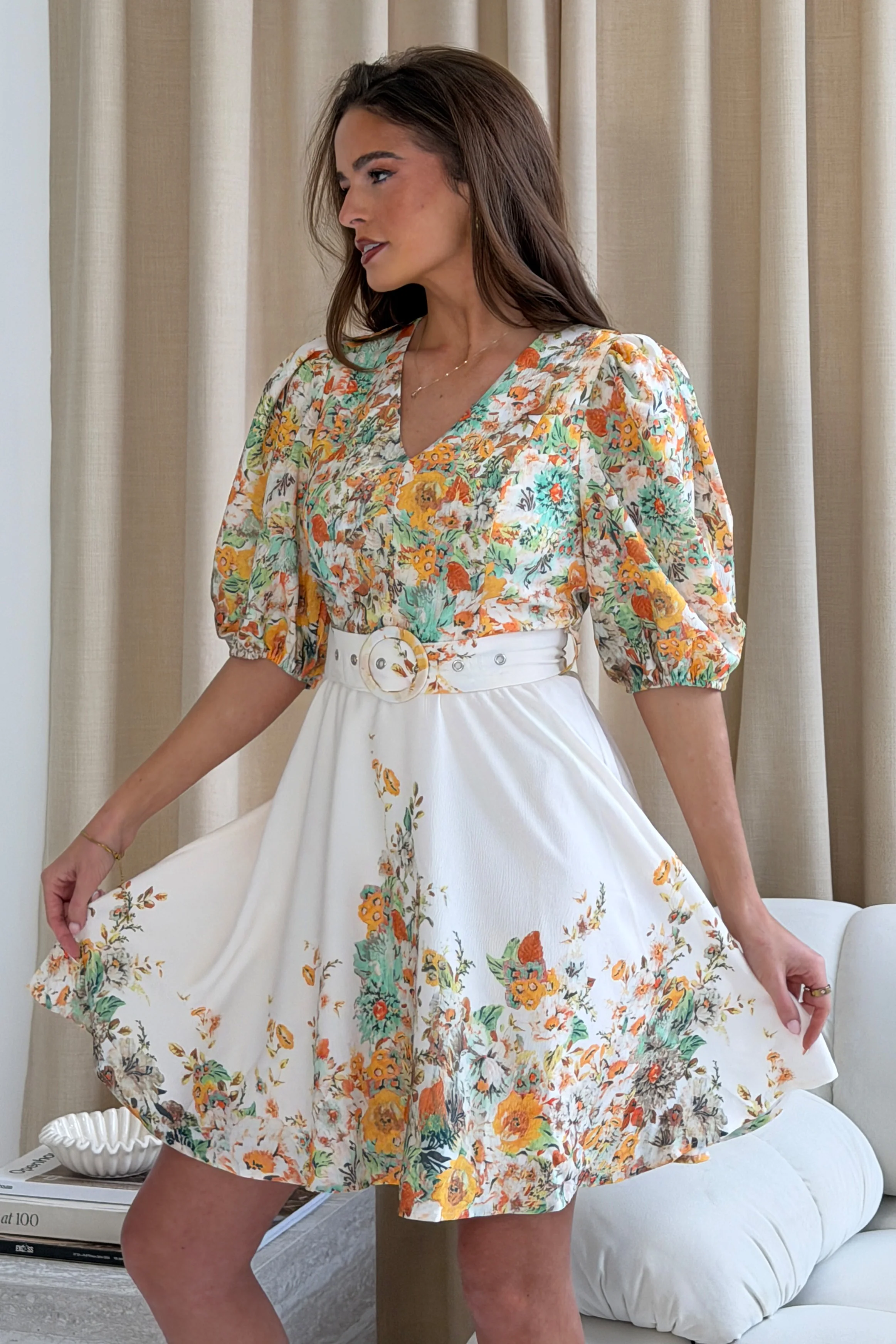 Azelia Puff Sleeve V Neck Mini Dress Yellow Floral - Image 5