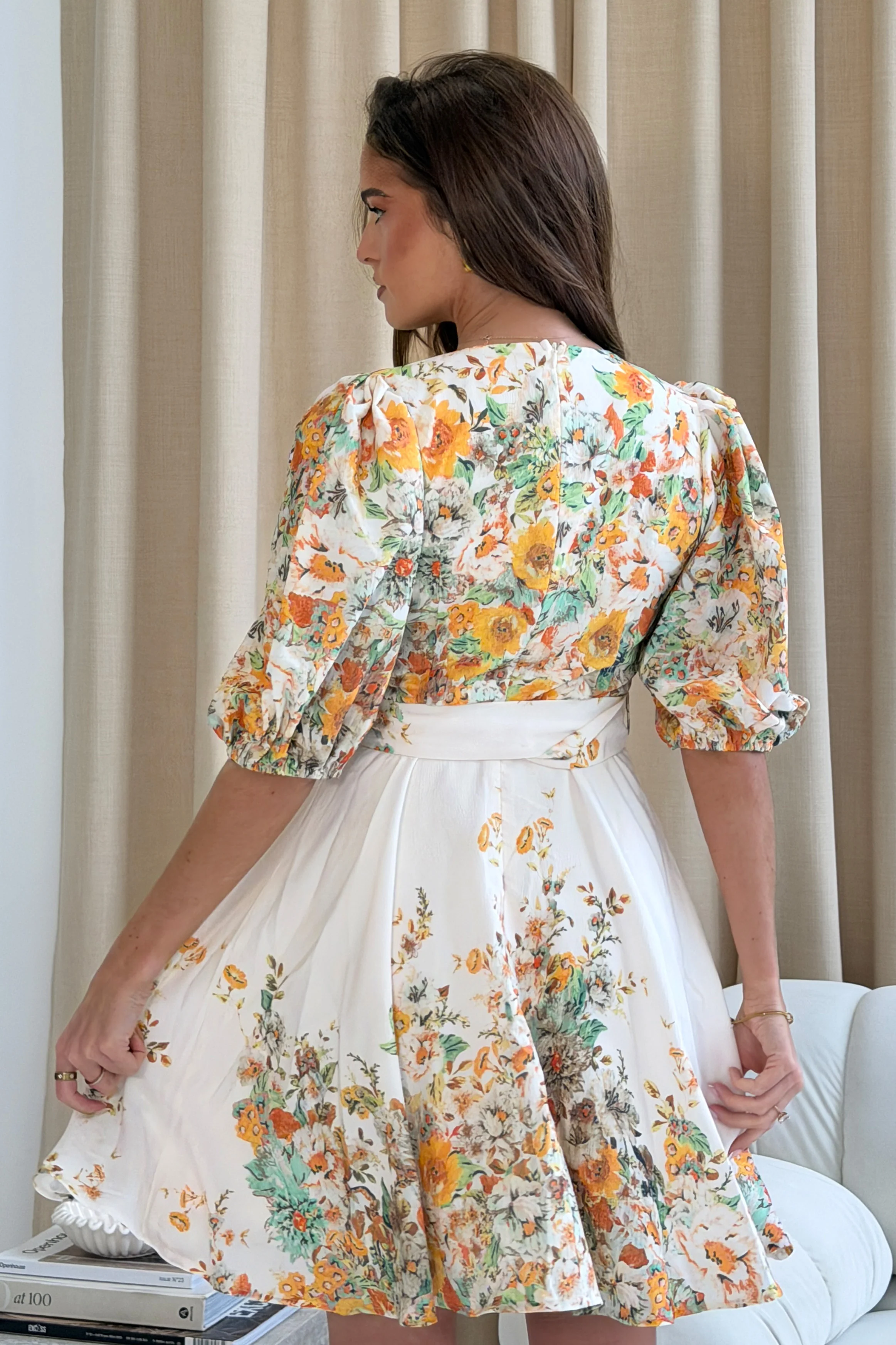 Azelia Puff Sleeve V Neck Mini Dress Yellow Floral - Image 6
