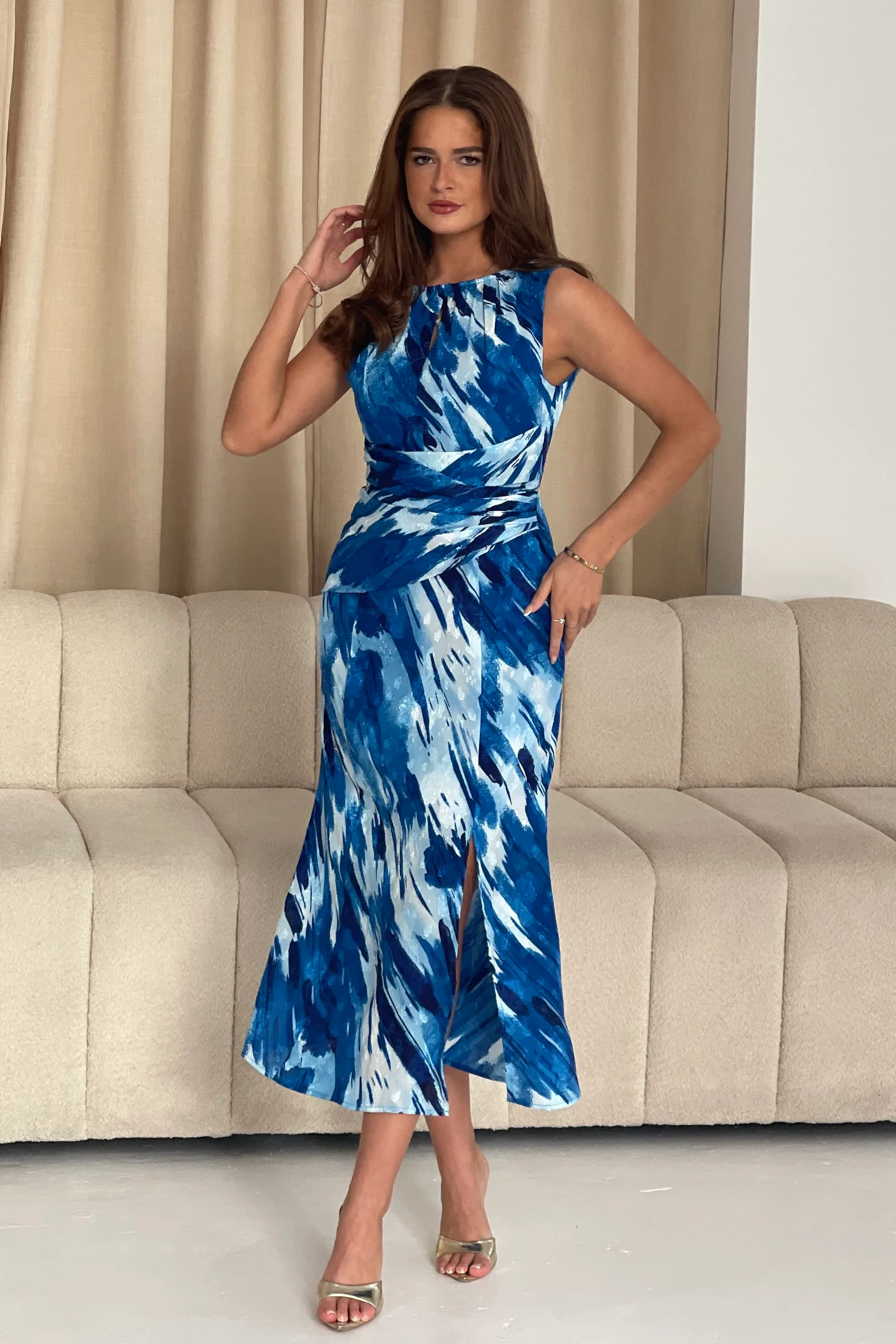 Bay Boat Neck Keyhole Detail Midi Dress Blue Burnout - Image 6