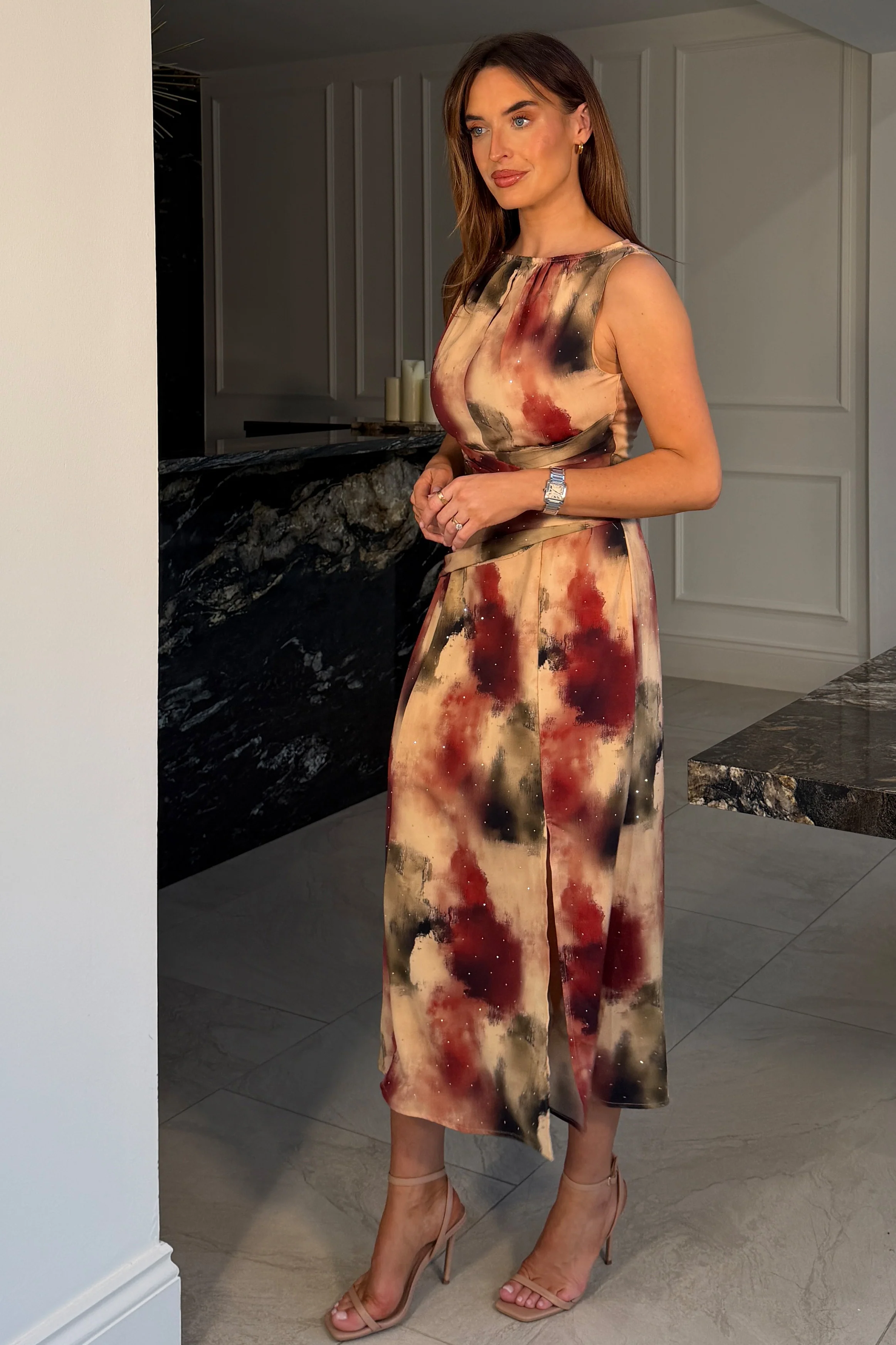 Bay Boat Neck Keyhole Detail Midi Dress Brown Abstract - Image 3