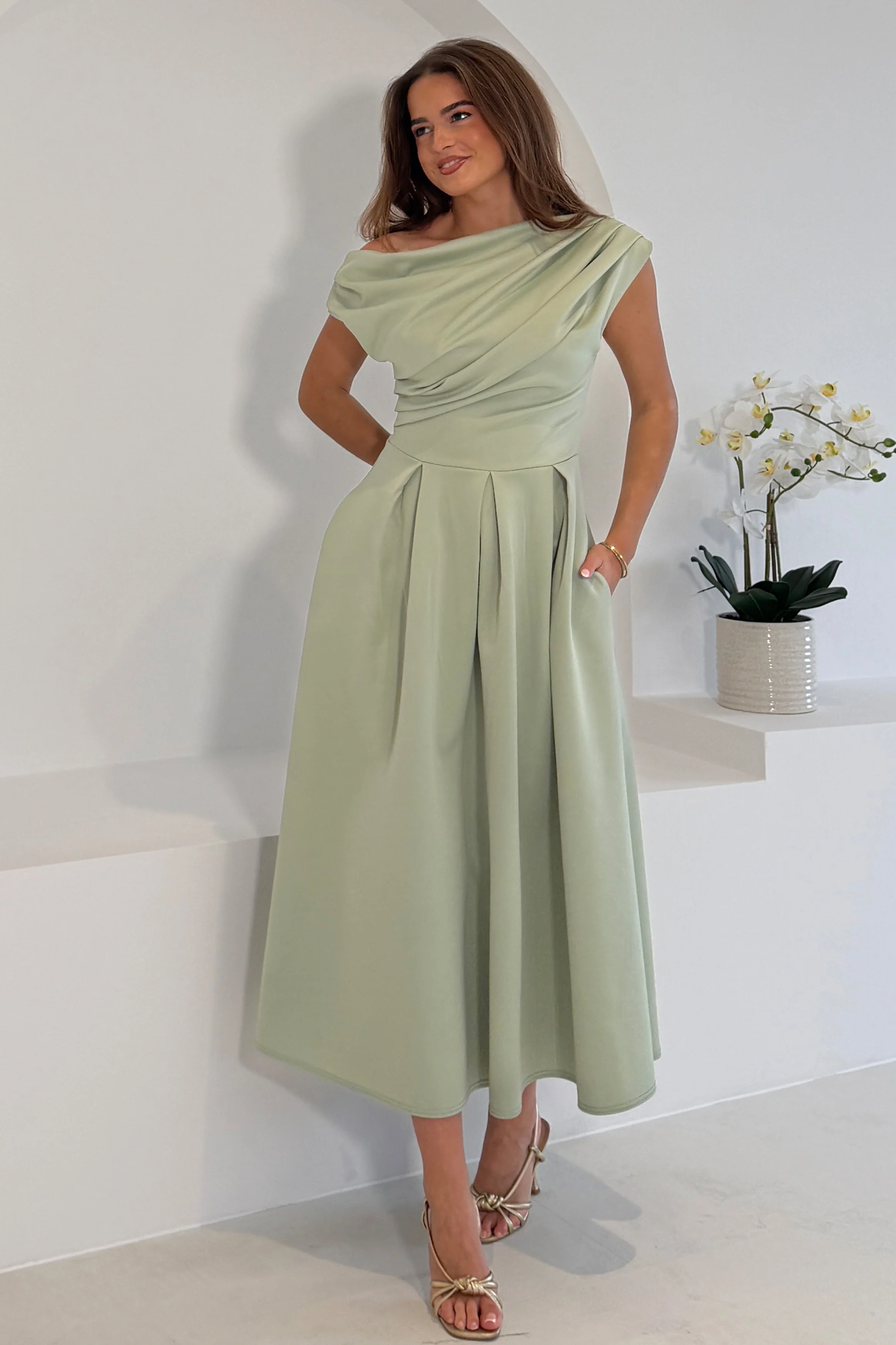 Betty Asymmetric Neckline Skater Midi Dress Sage - Image 3