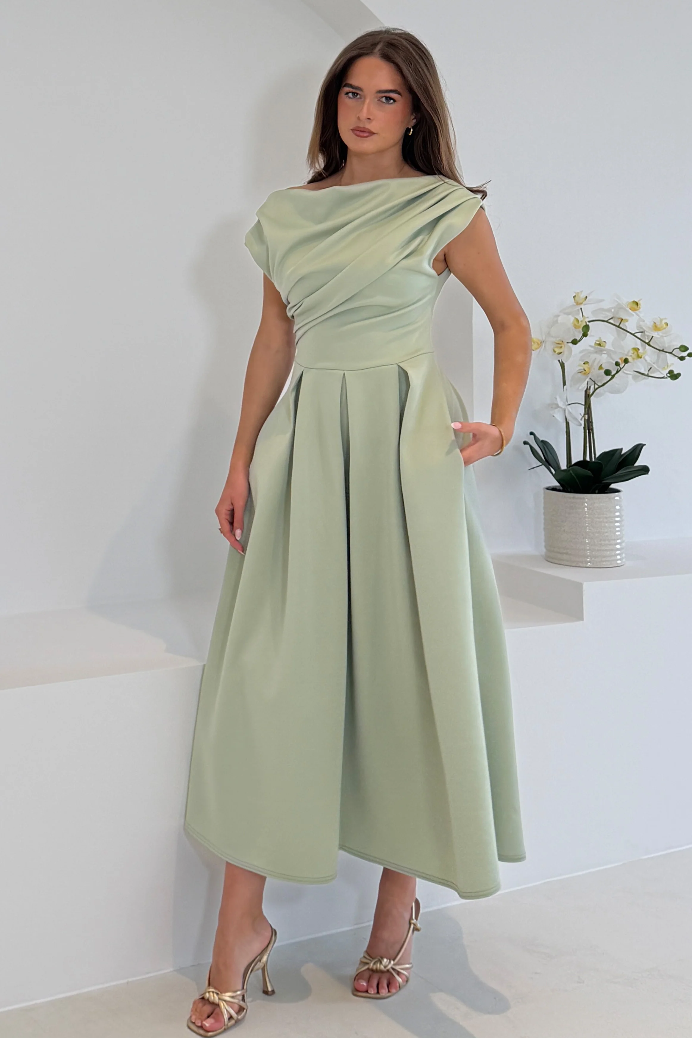 Betty Asymmetric Neckline Skater Midi Dress Sage - Image 4