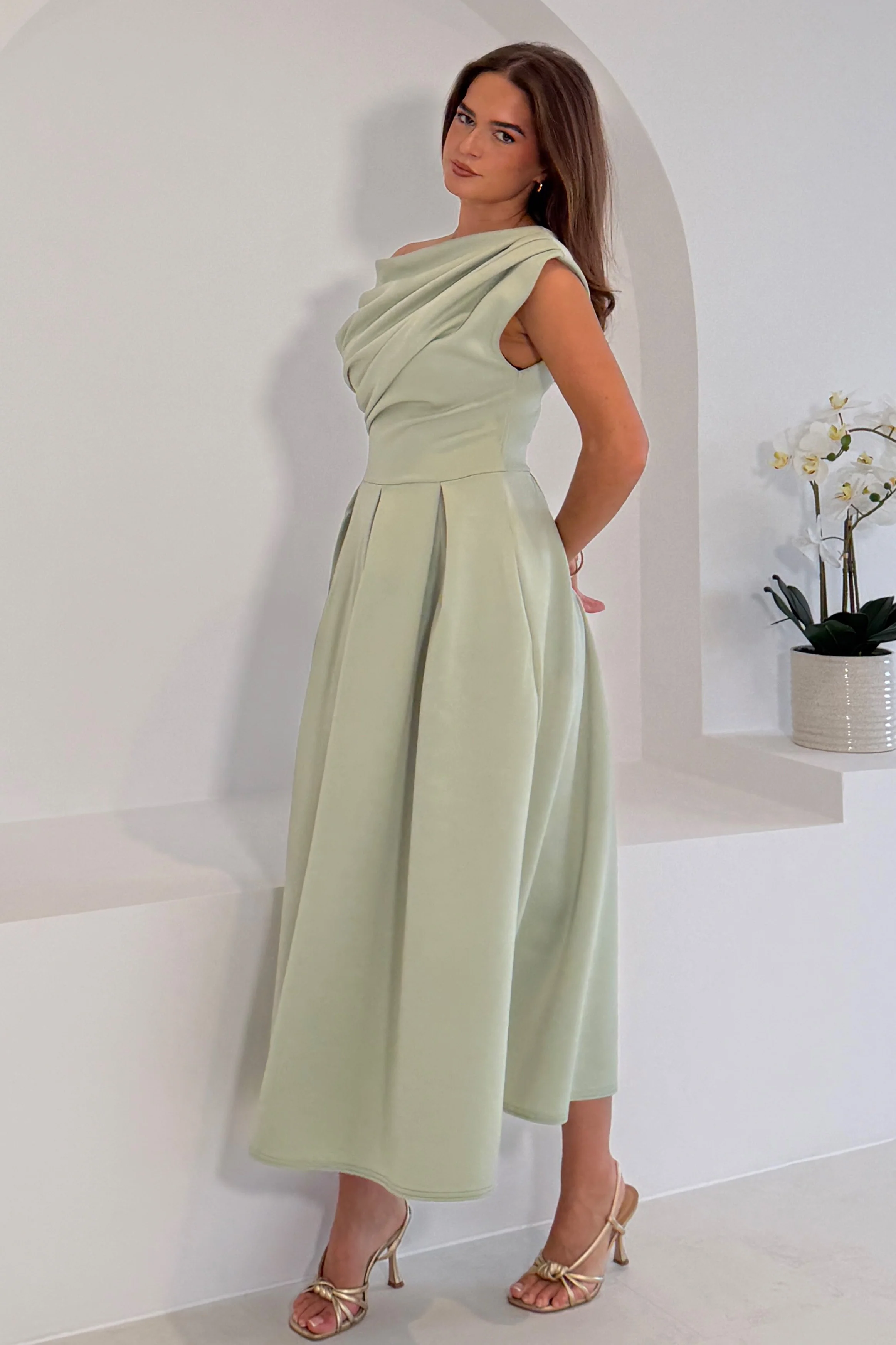 Betty Asymmetric Neckline Skater Midi Dress Sage - Image 5