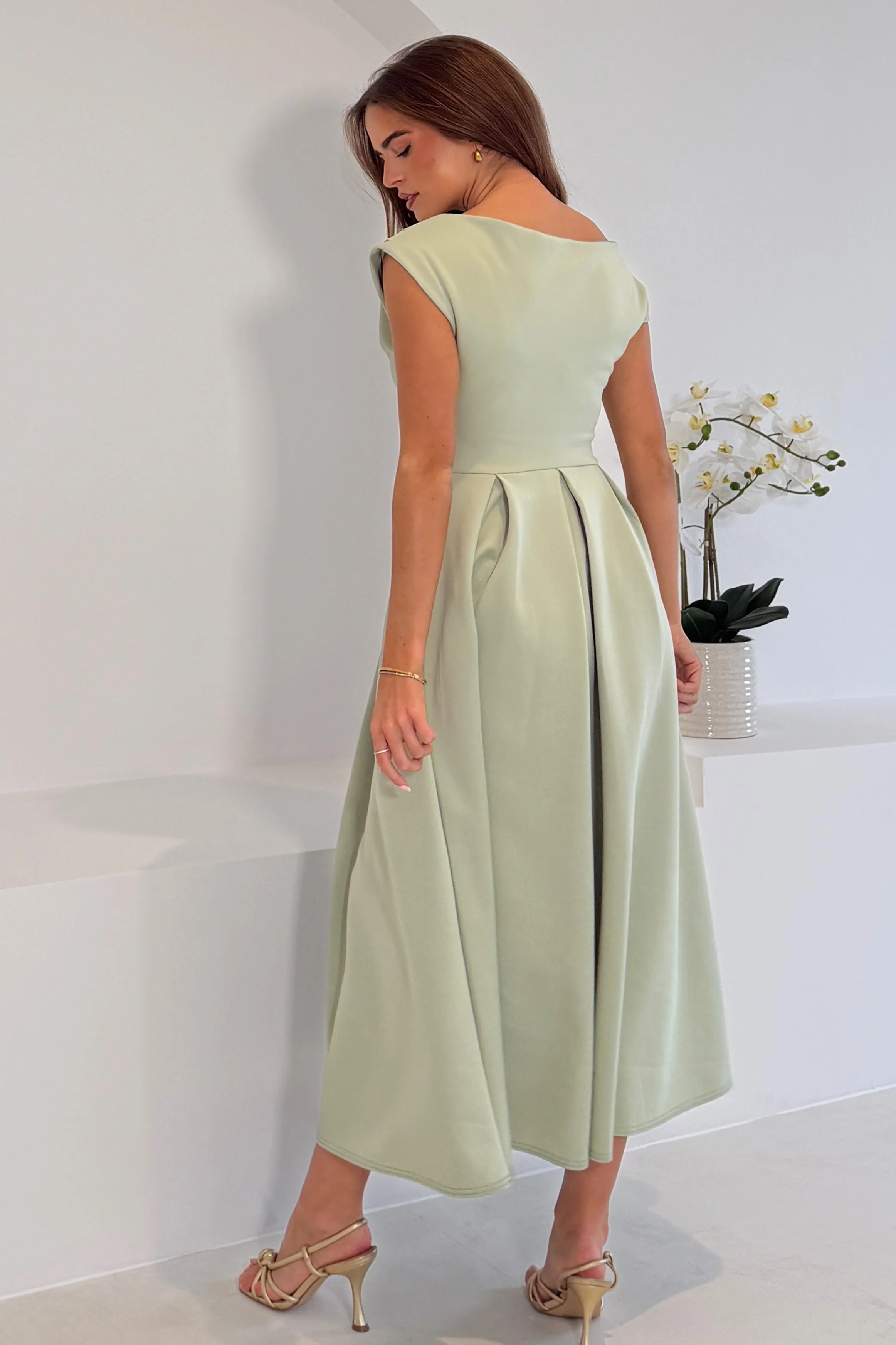 Betty Asymmetric Neckline Skater Midi Dress Sage - Image 6