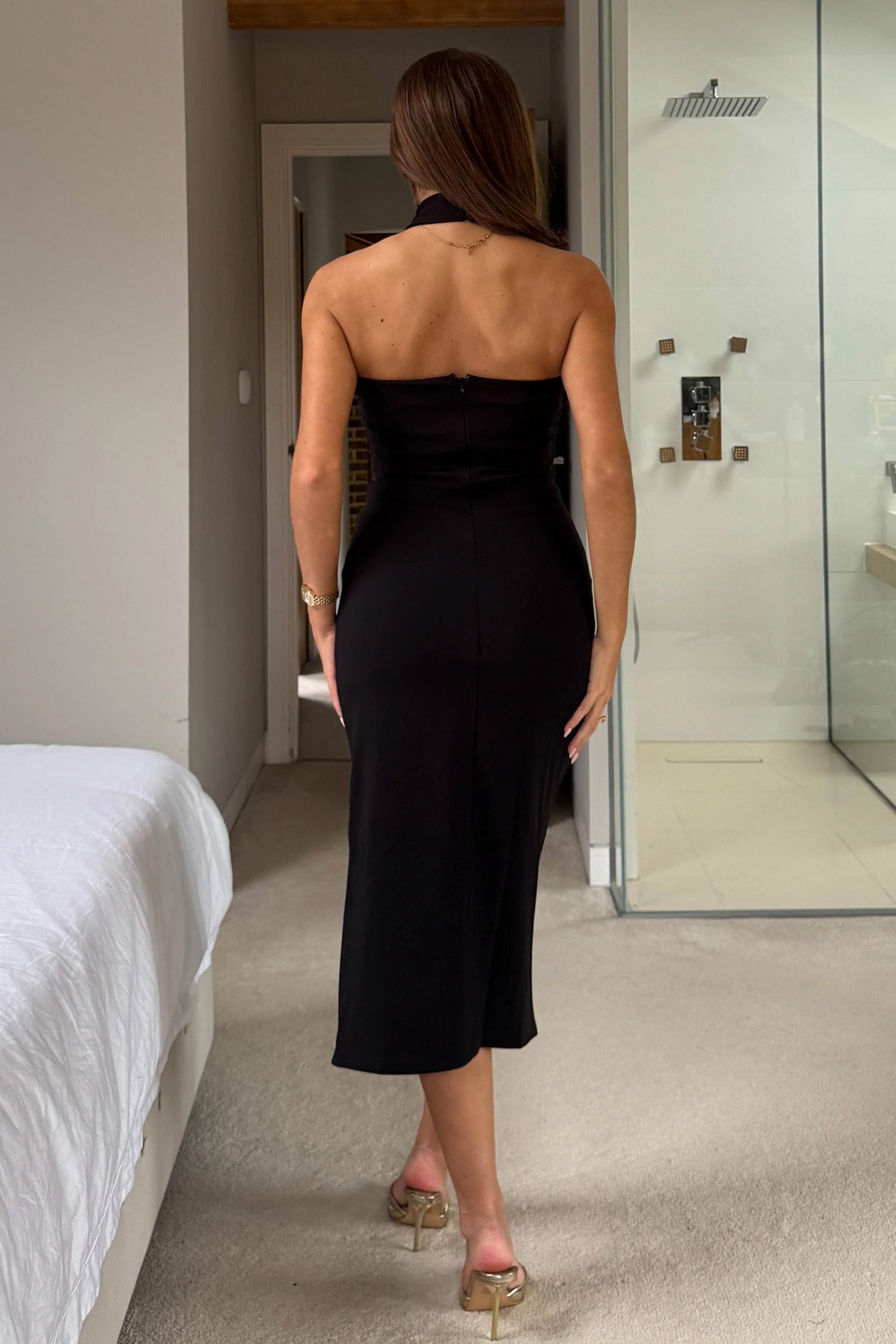 Bessie Halter Neck Black Side Split Midi Dress - Image 4