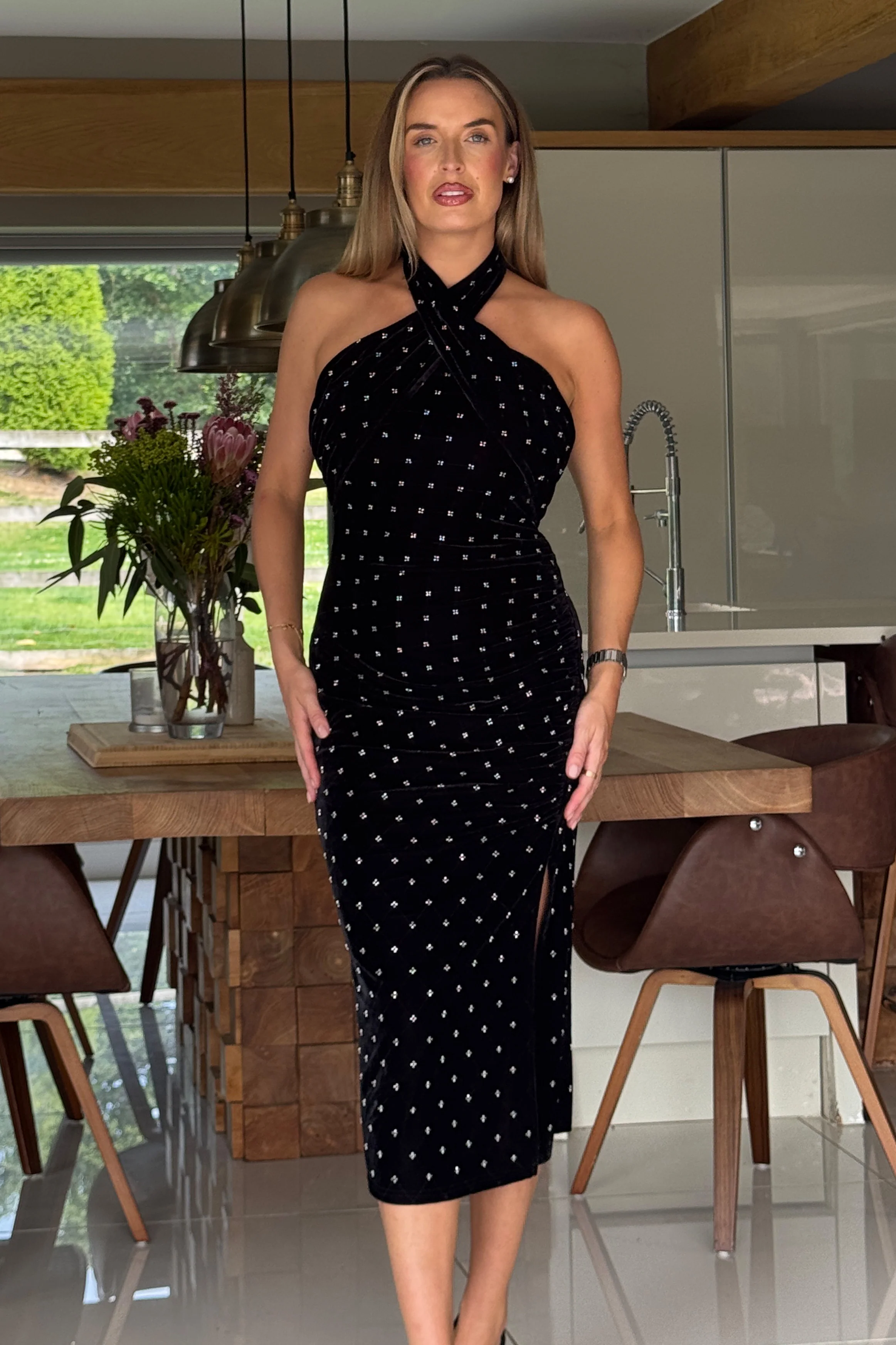 Bessie Halter Neck Side Split Midi Dress Beaded Velvet - Image 4