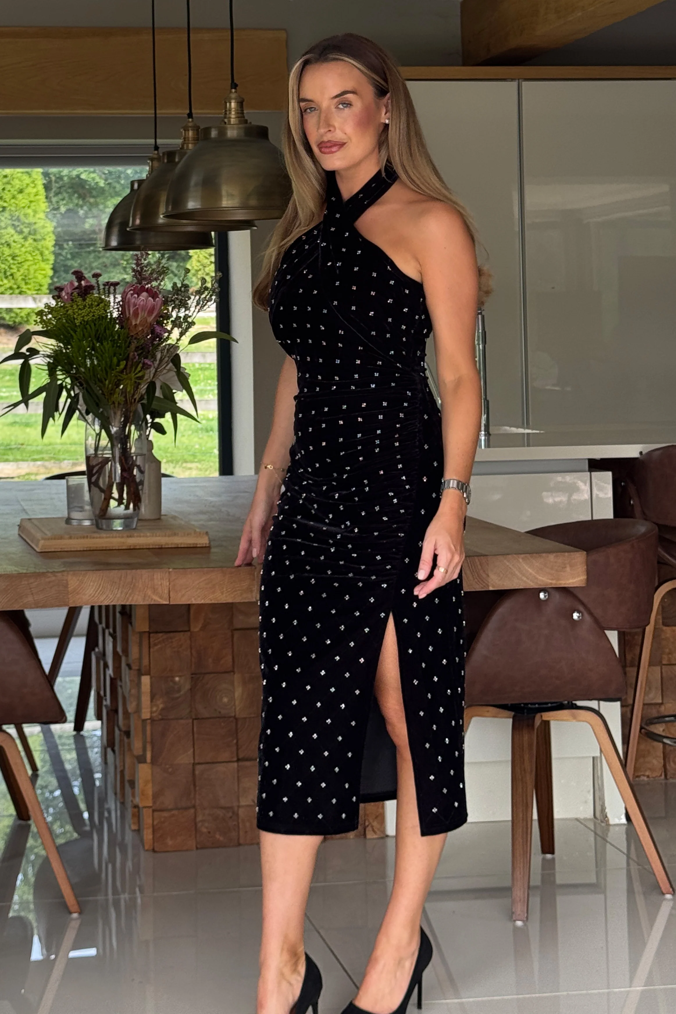 Bessie Halter Neck Side Split Midi Dress Beaded Velvet - Image 5
