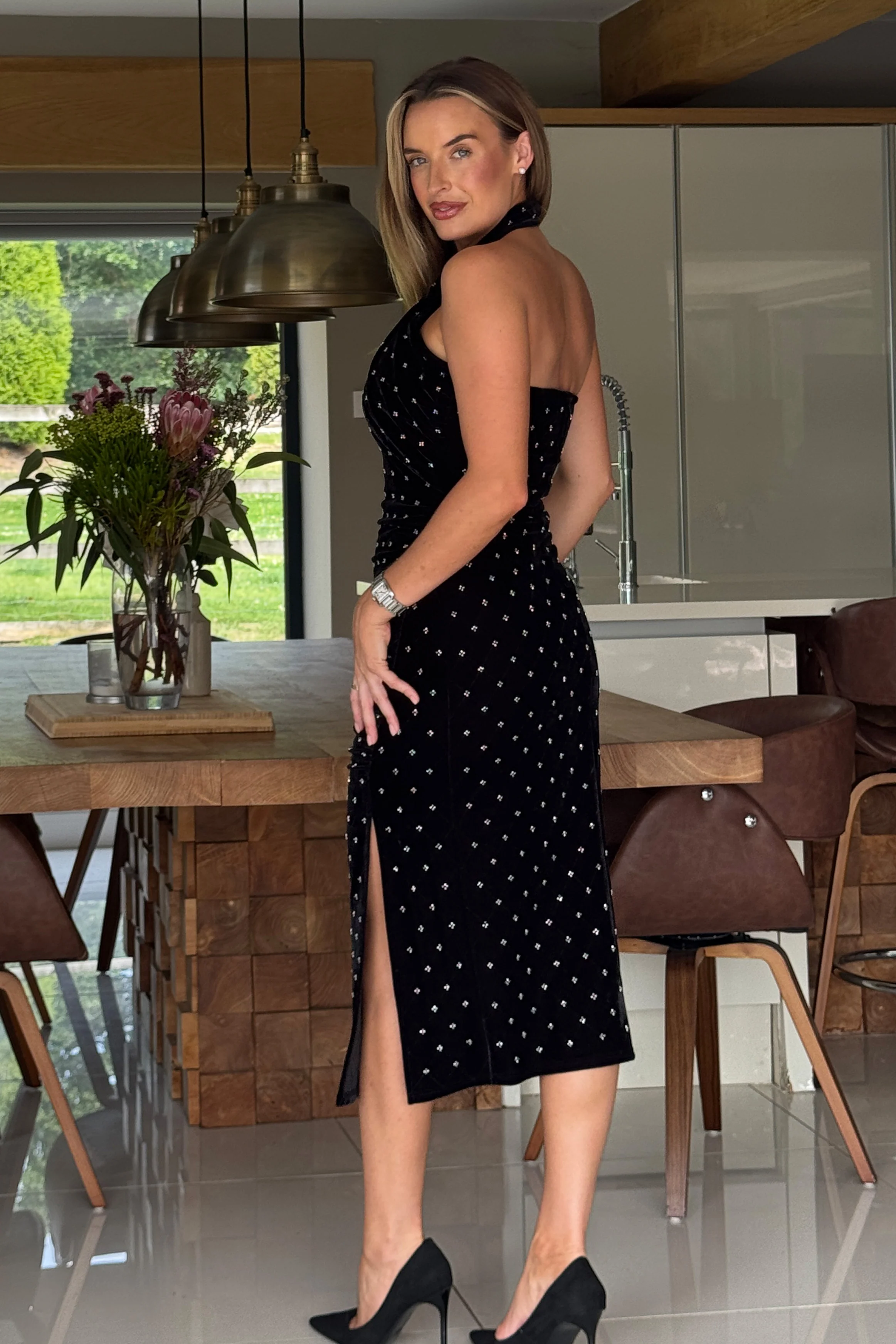 Bessie Halter Neck Side Split Midi Dress Beaded Velvet - Image 6