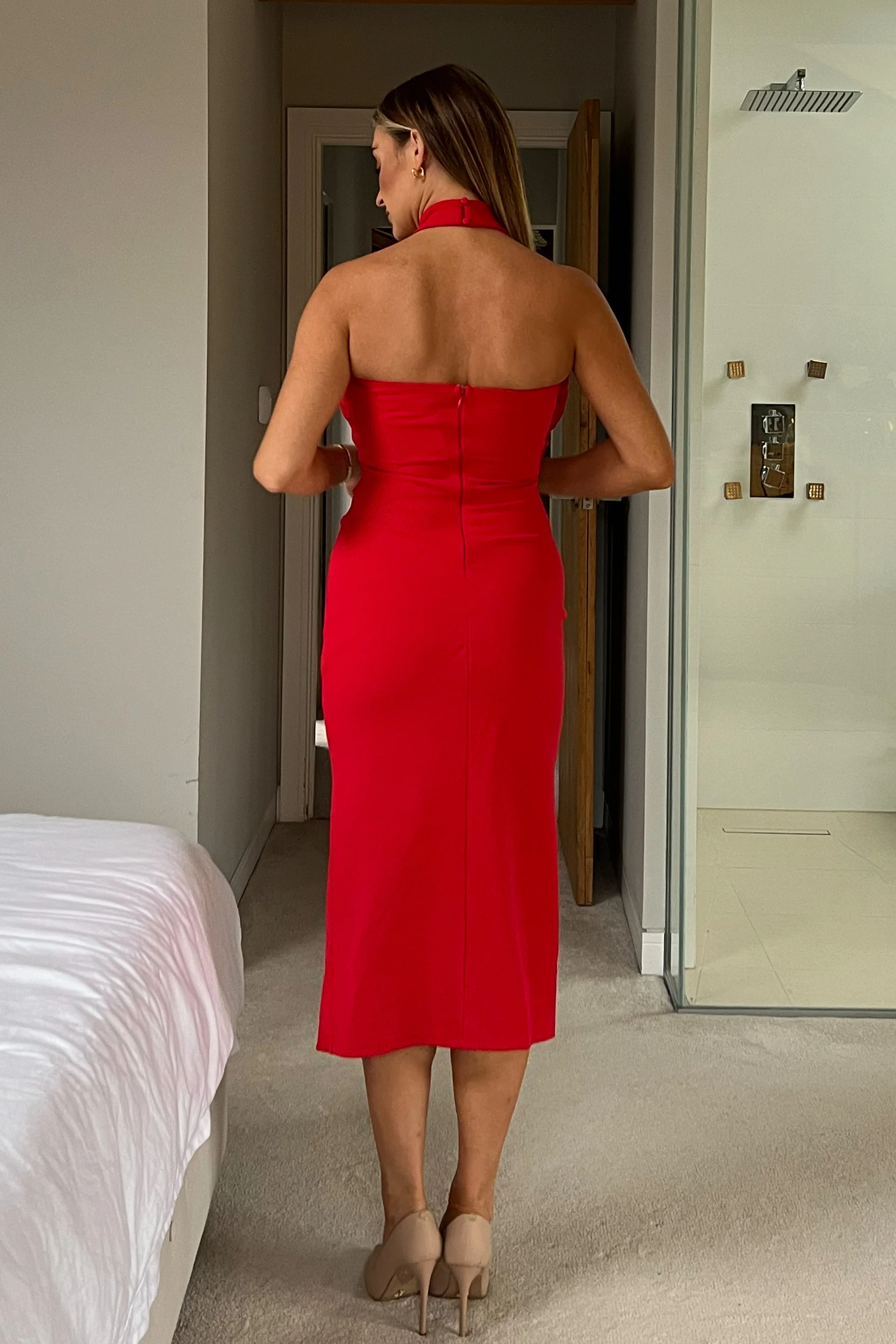 Bessie Halter Neck Side Split Midi Dress Bright Red - Image 4