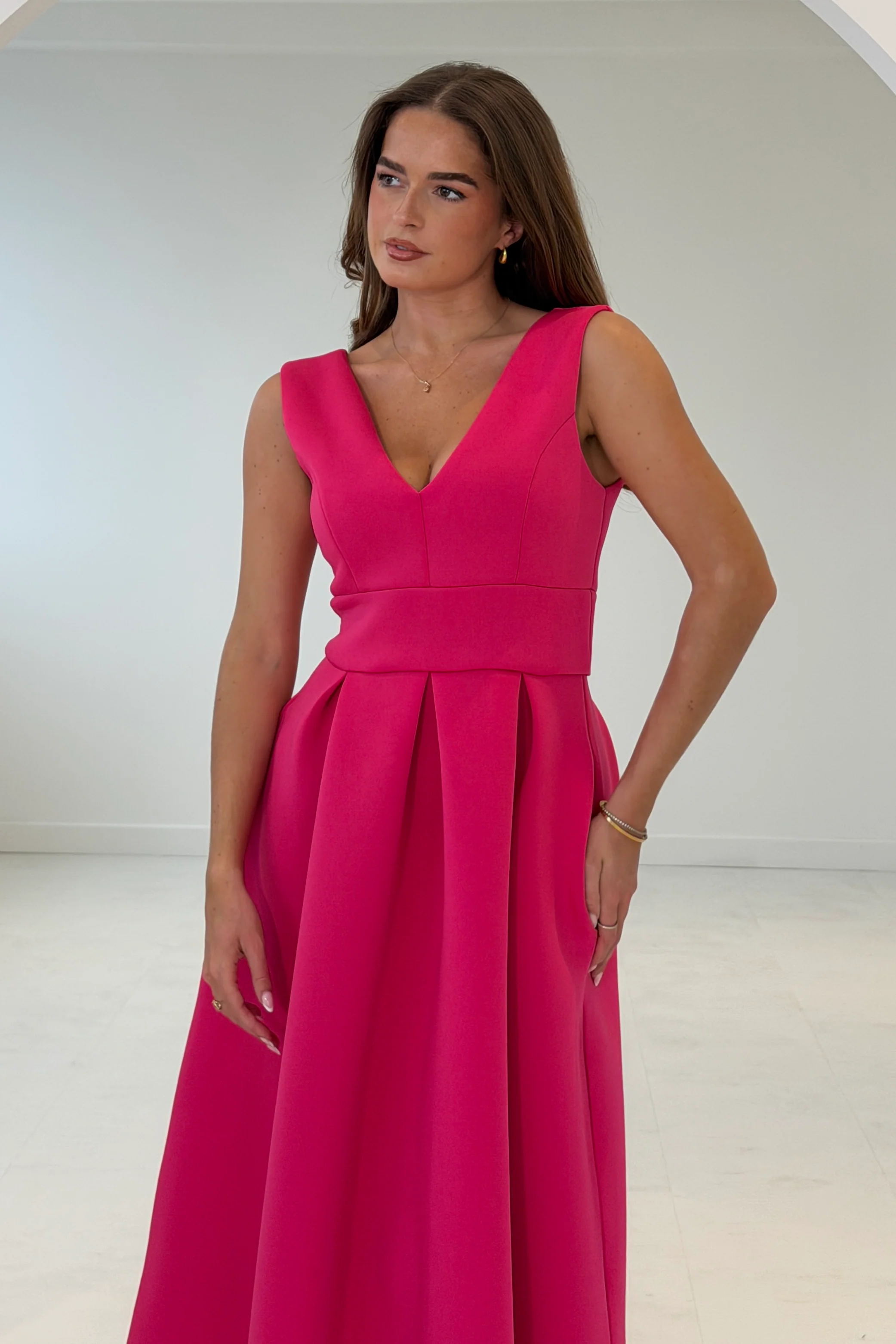 Bethany V Neck Skater Midi Hot Pink - Image 2