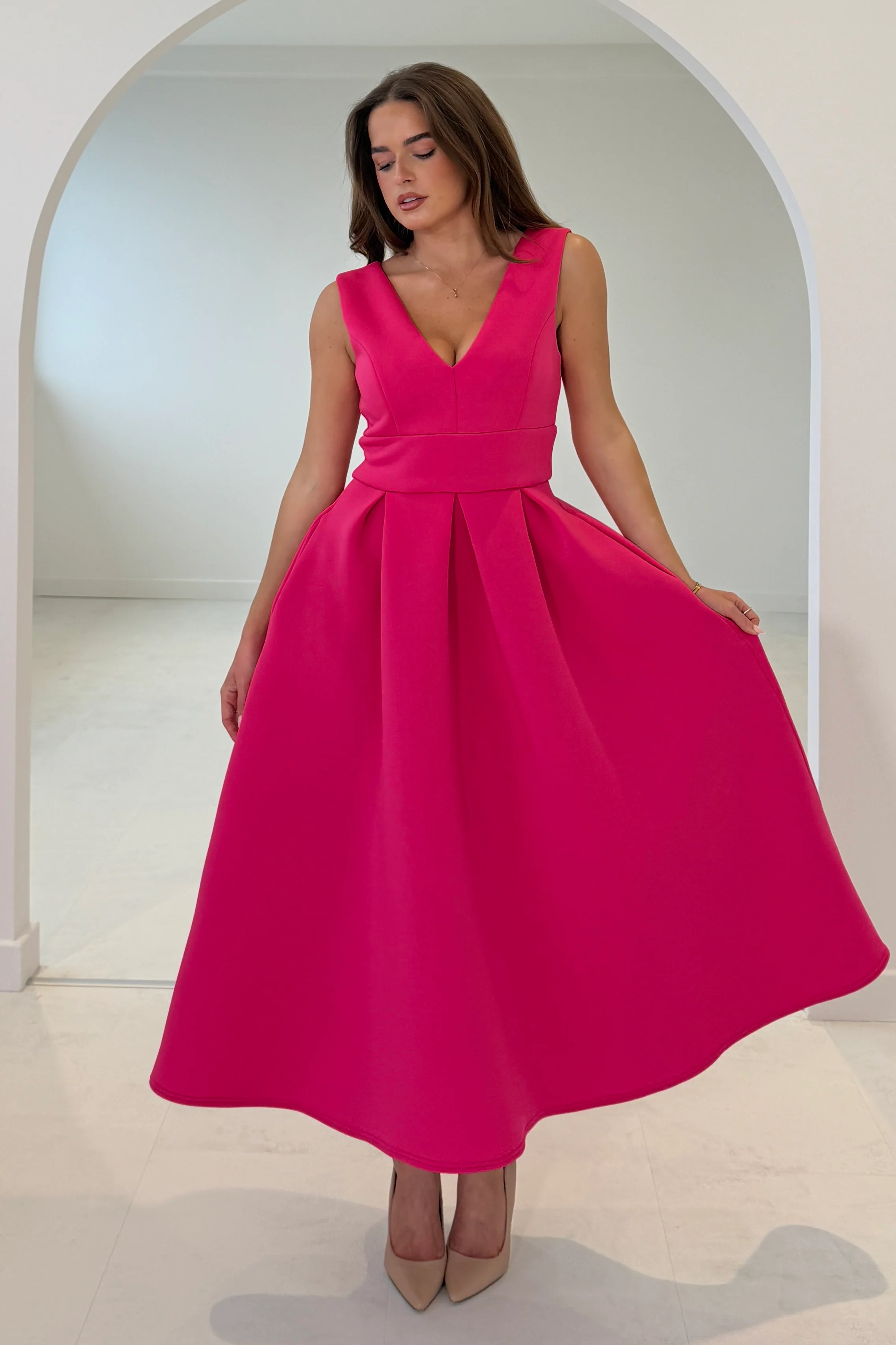 Bethany V Neck Skater Midi Hot Pink - Image 3