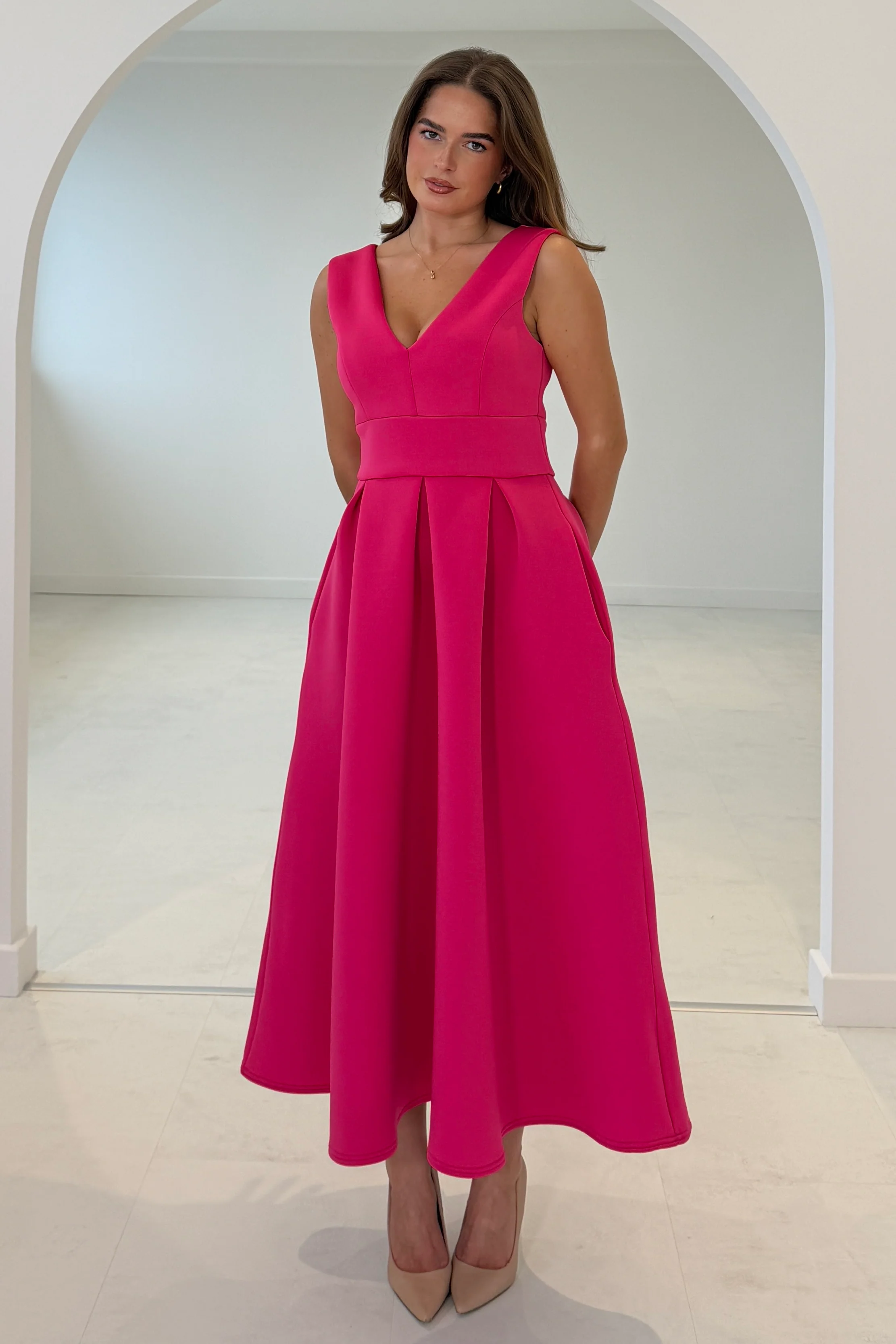 Bethany V Neck Skater Midi Hot Pink - Image 4