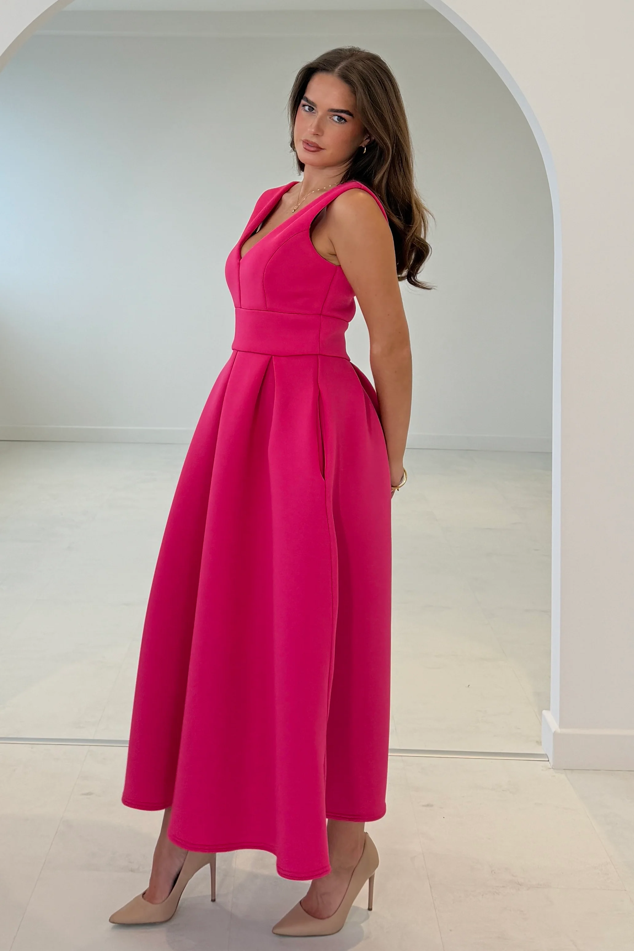 Bethany V Neck Skater Midi Hot Pink - Image 5
