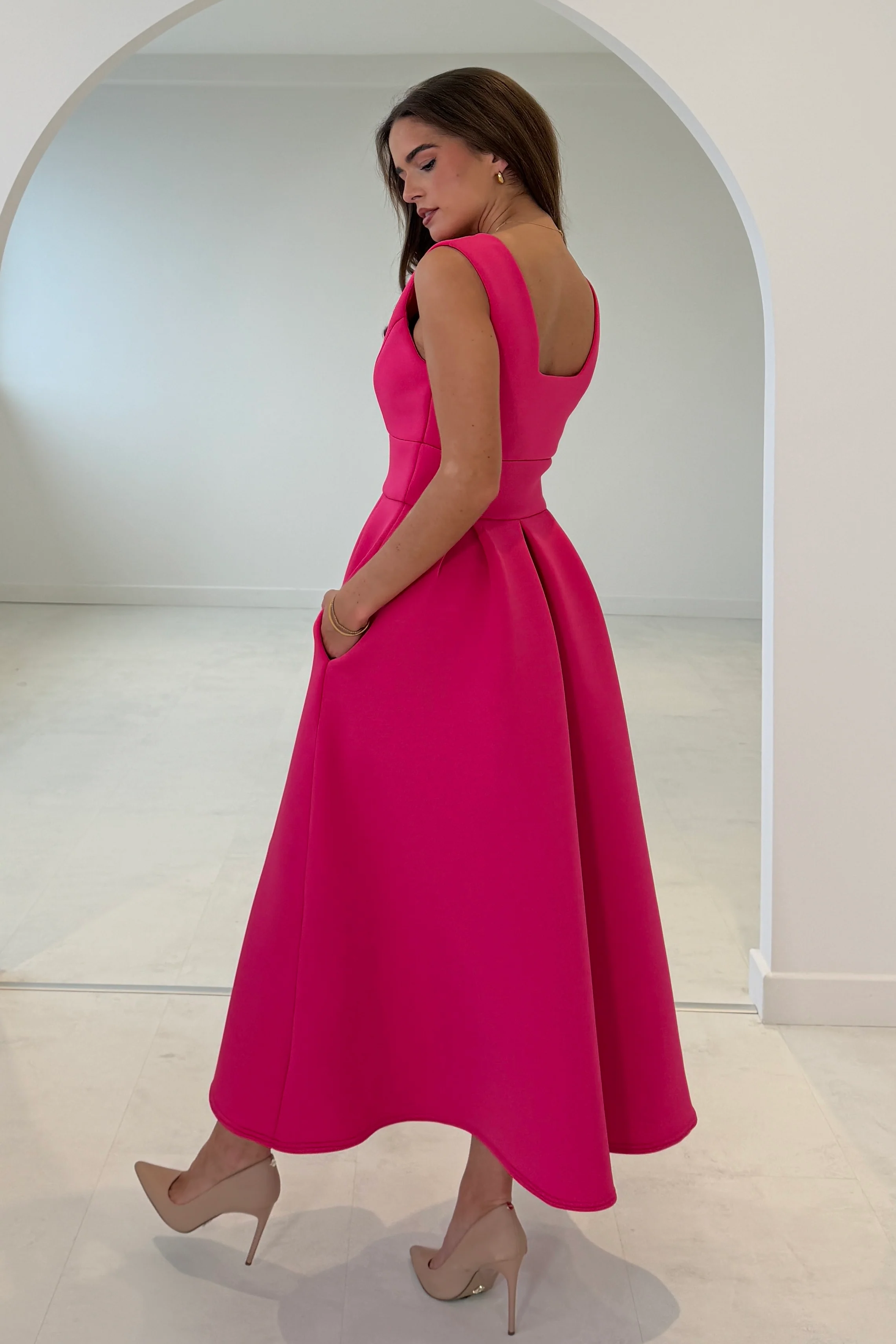 Bethany V Neck Skater Midi Hot Pink - Image 6