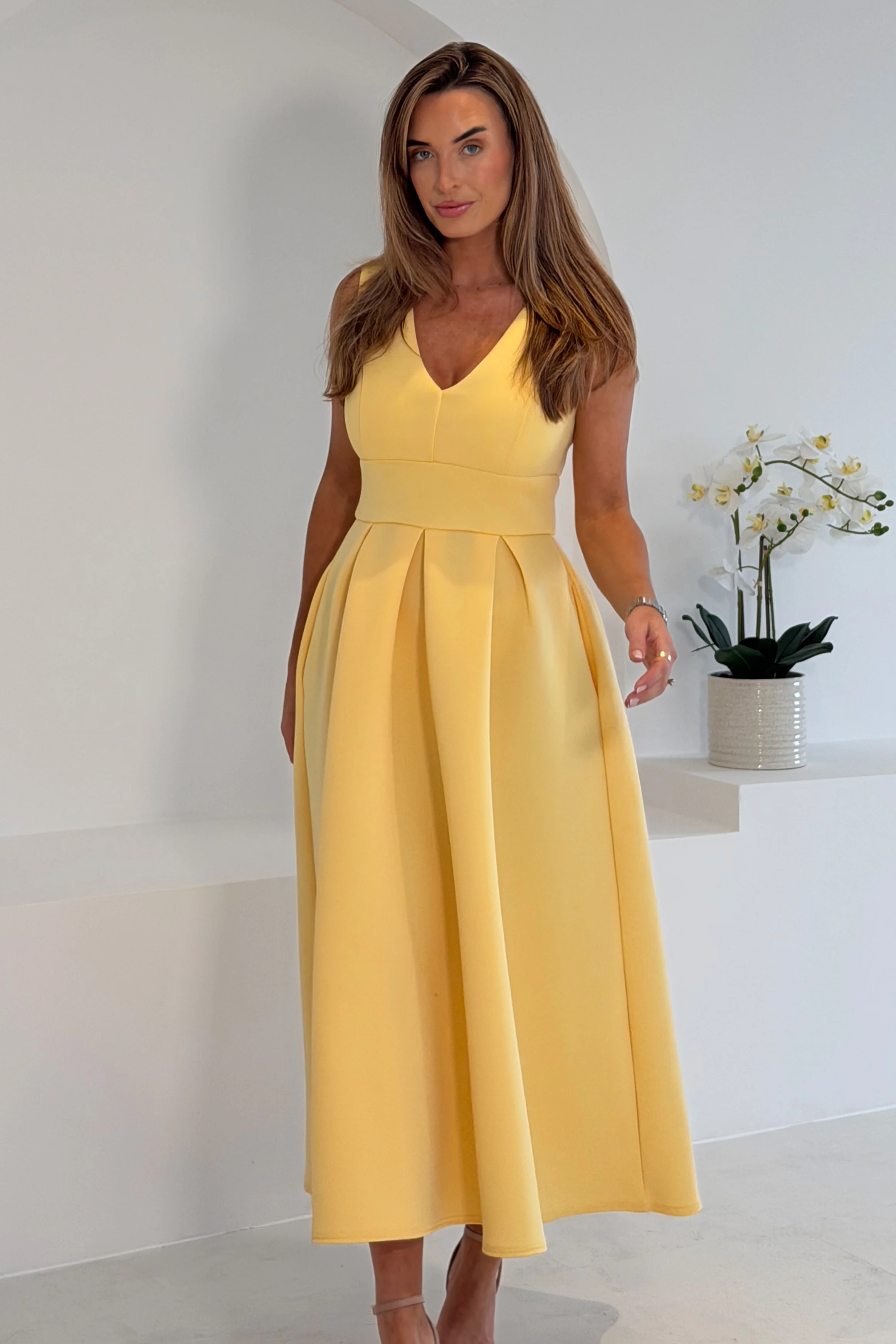 Bethany V Neck Skater Midi Yellow - Image 3