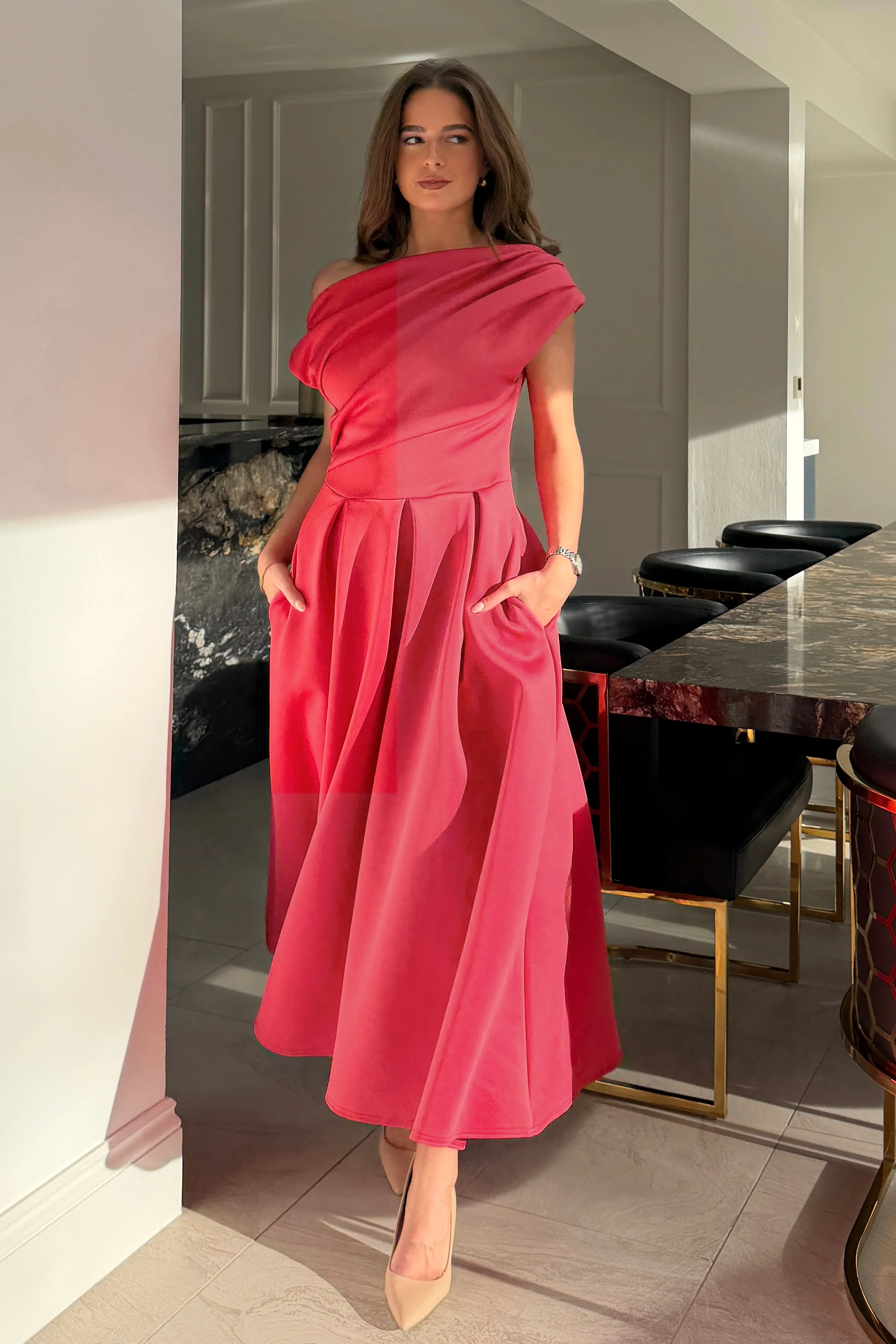 Betty Asymmetric Midi Dress Blush Coral - Image 3