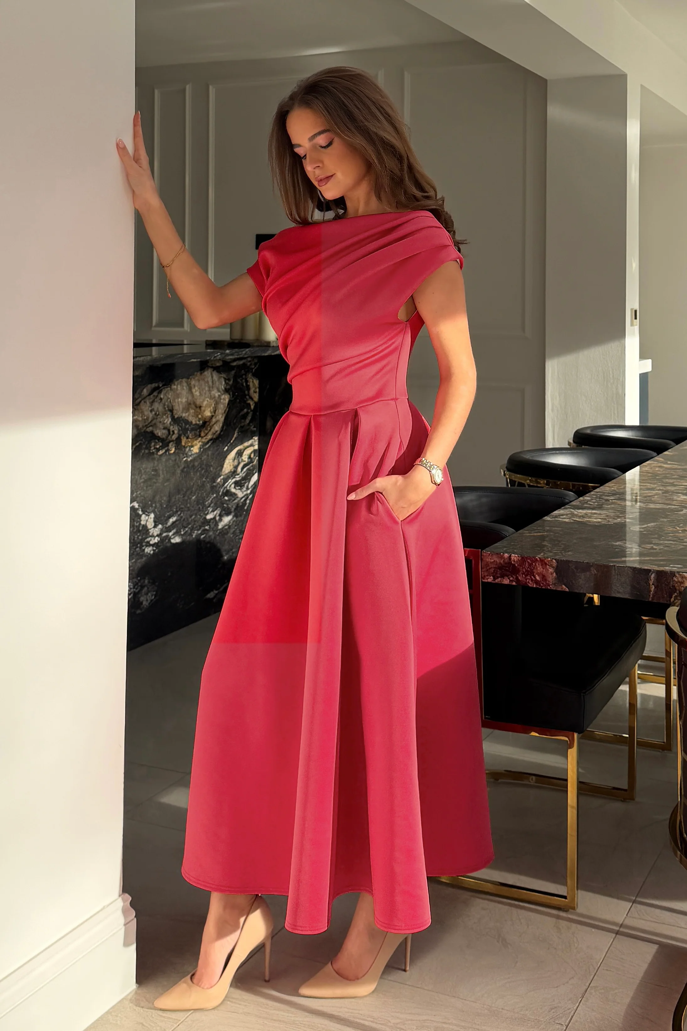 Betty Asymmetric Midi Dress Blush Coral - Image 4