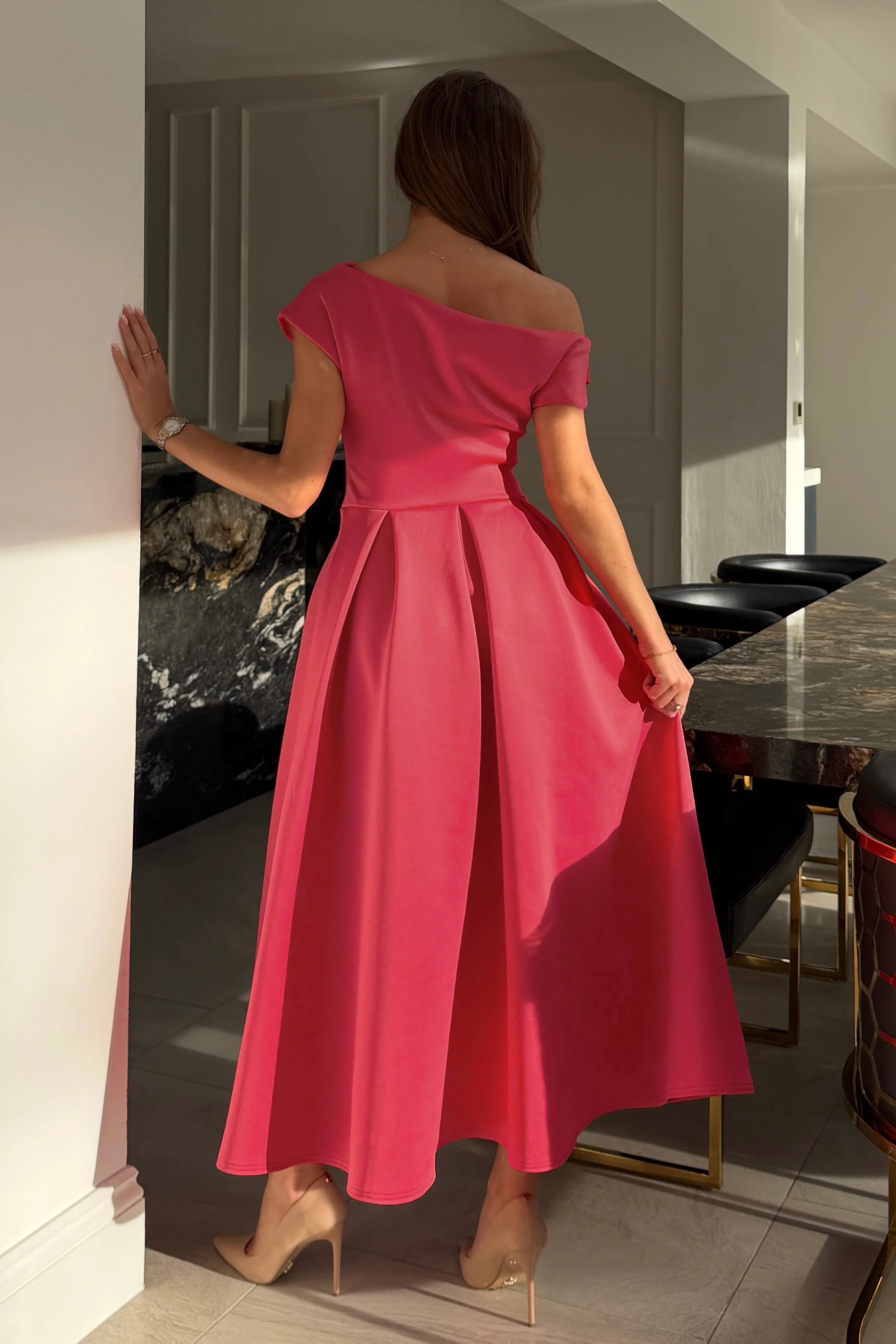 Betty Asymmetric Midi Dress Blush Coral - Image 5