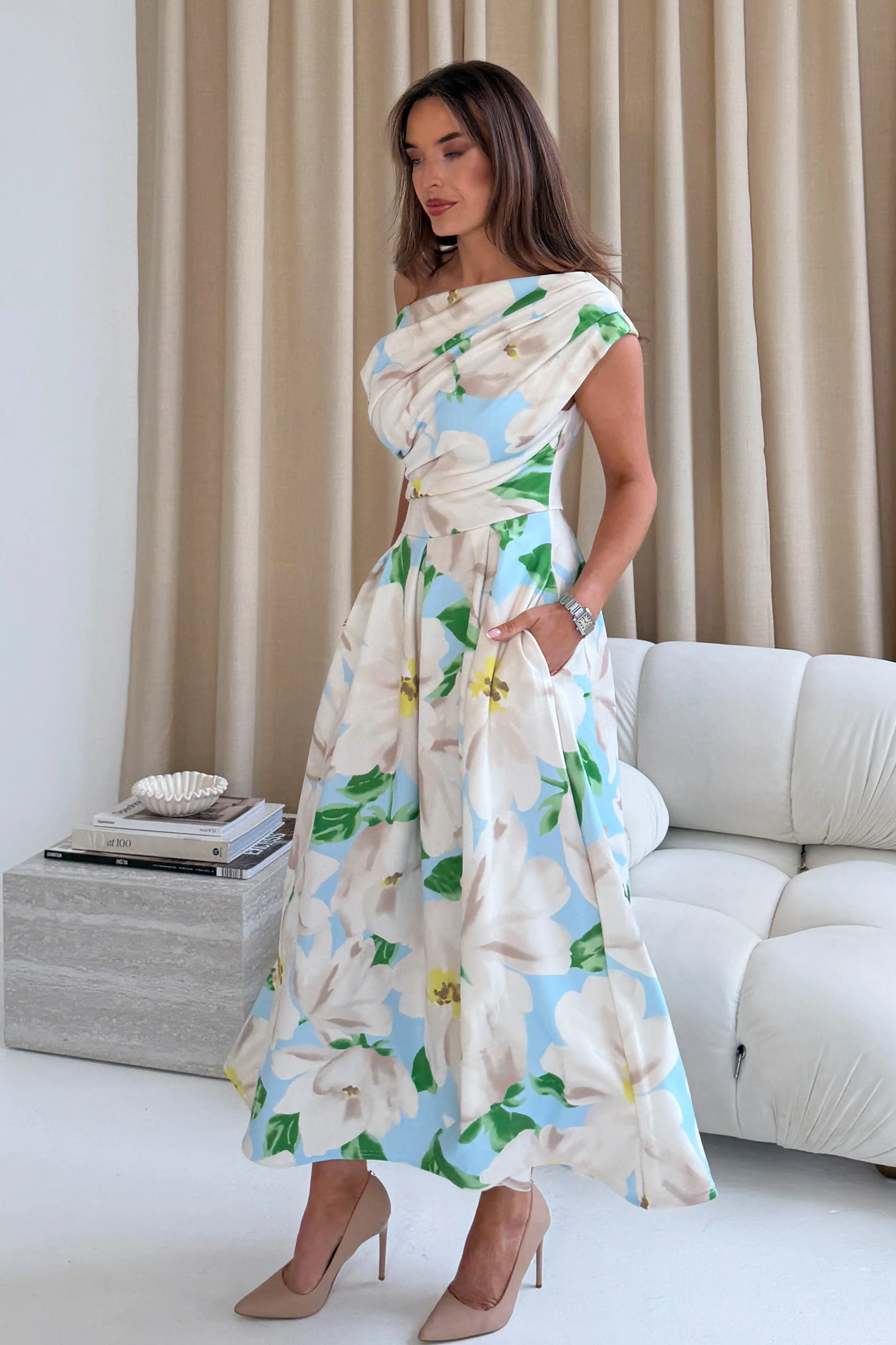 Betty Asymmetric Floral Print Midi Dress Sky - Image 5