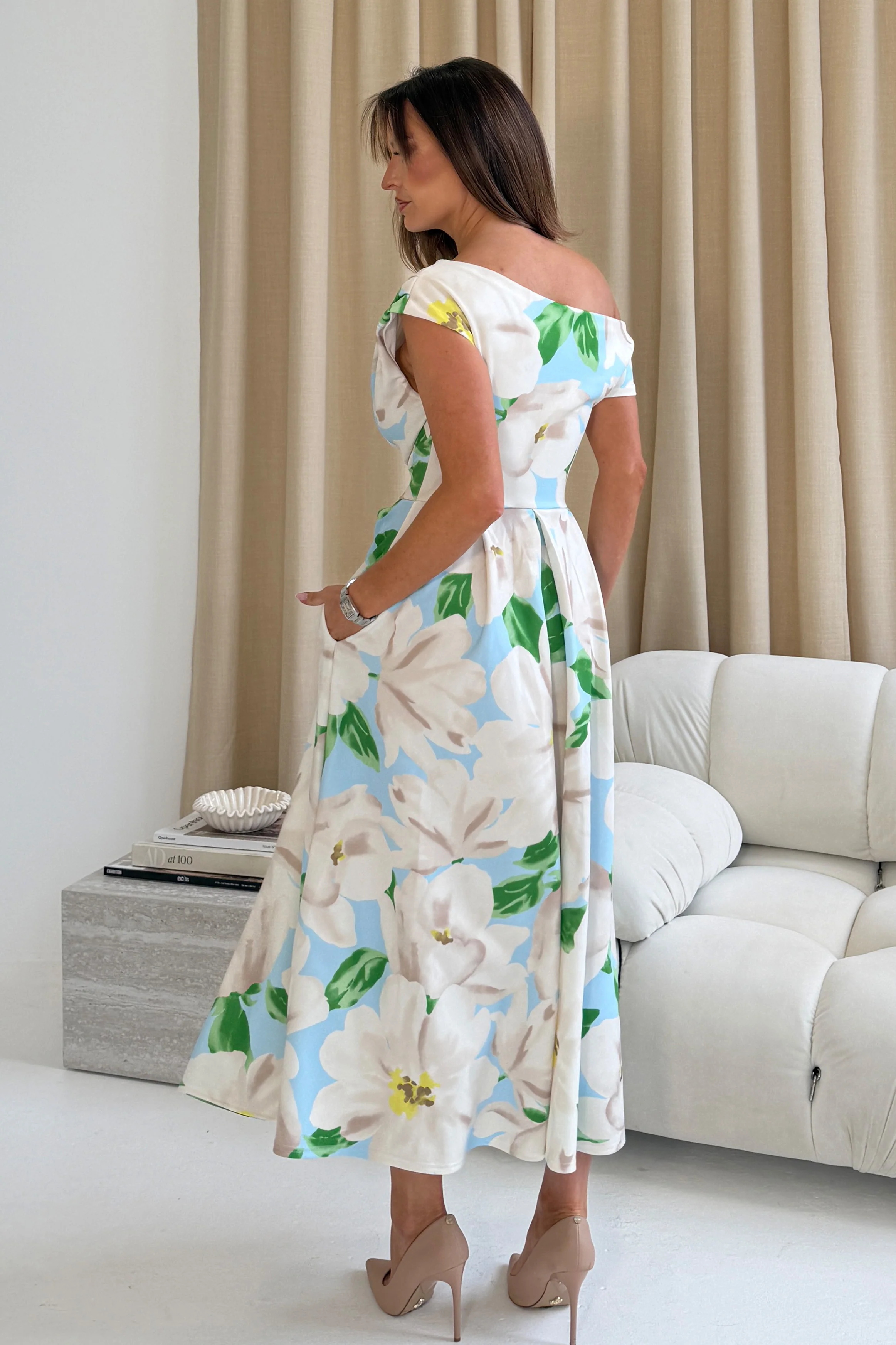 Betty Asymmetric Floral Print Midi Dress Sky - Image 6