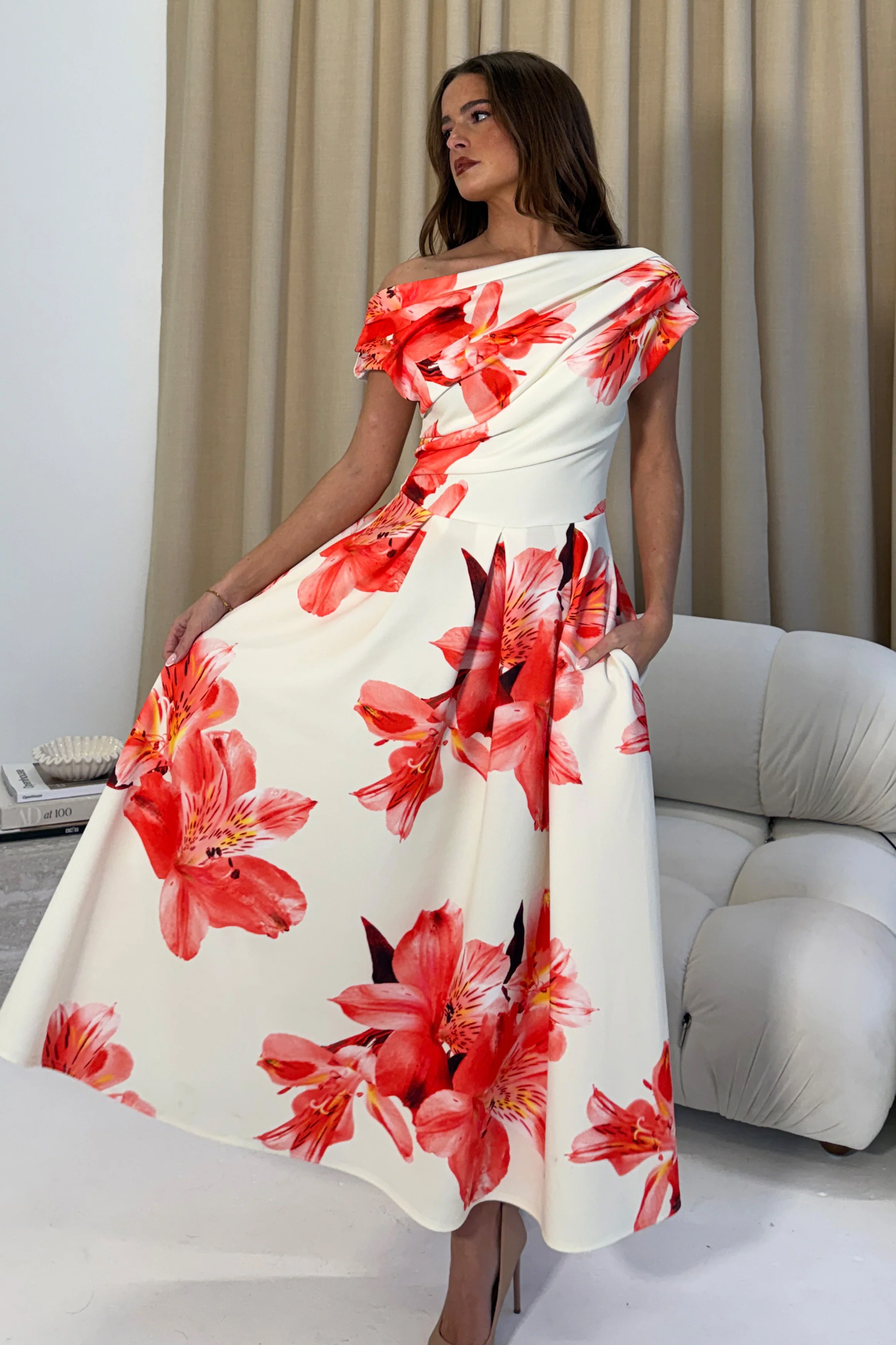 Betty Asymmetric Floral Print Midi Dress Orange - Image 5