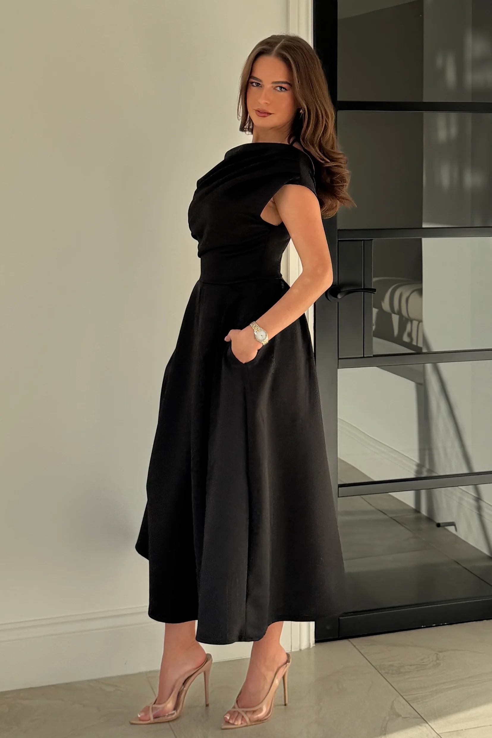 Betty Asymmetric Midi Dress Black - Image 4
