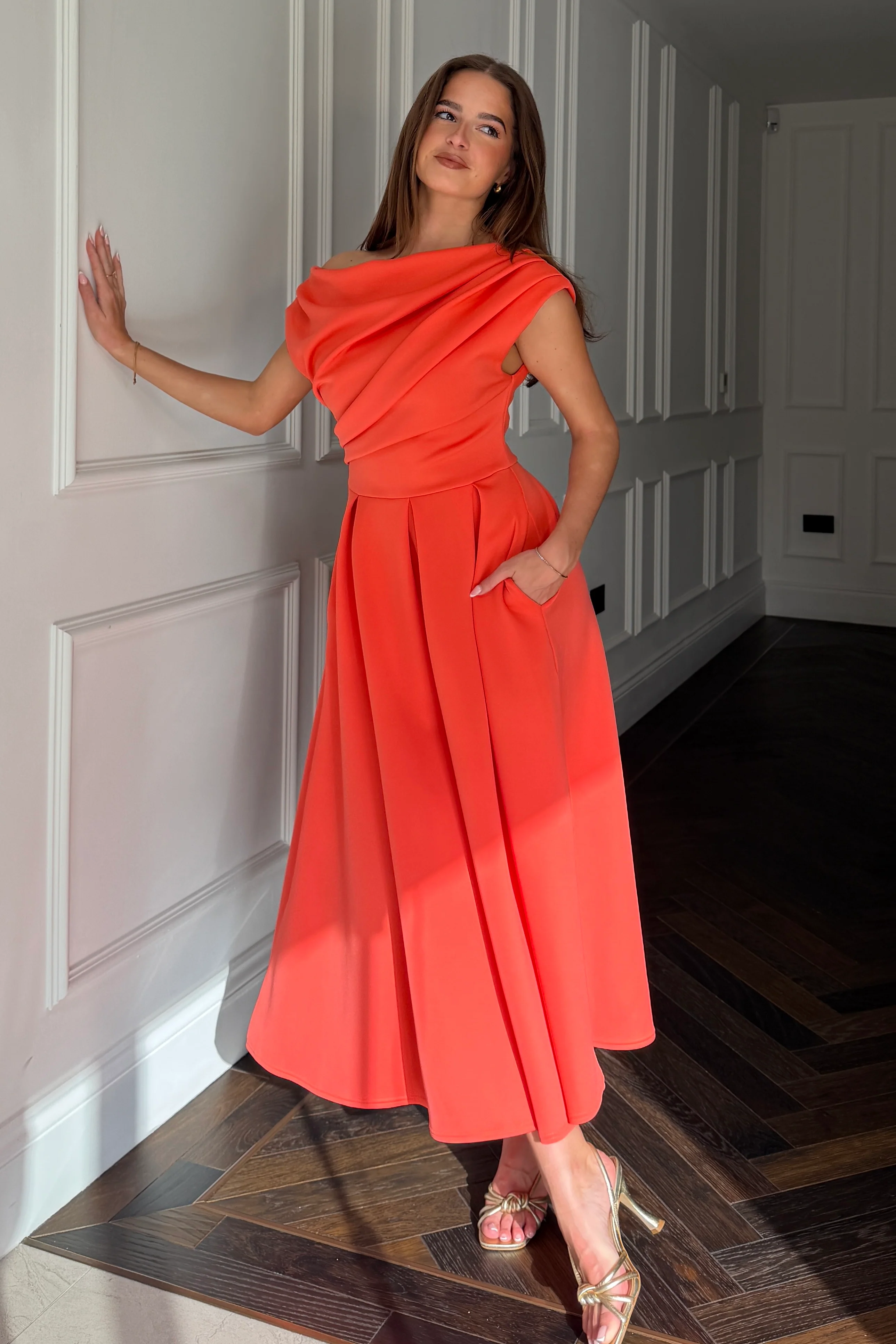 Betty Asymmetric Midi Dress Coral - Image 3