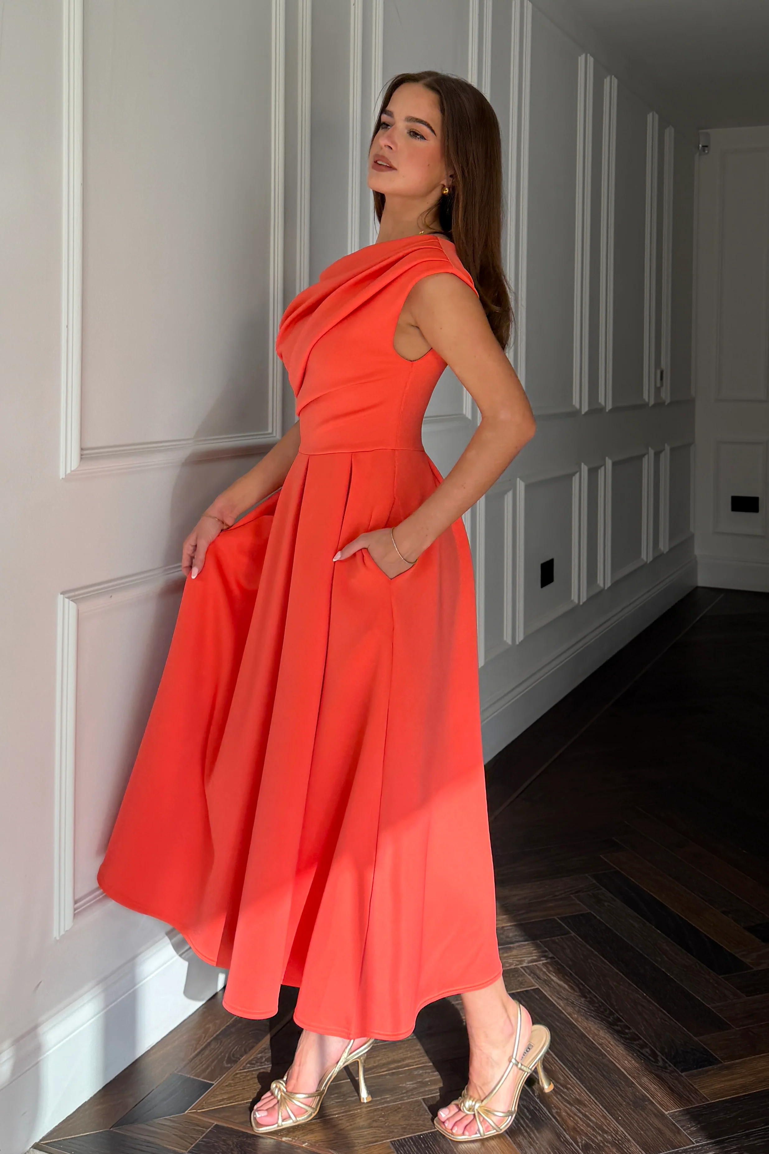 Betty Asymmetric Midi Dress Coral - Image 4