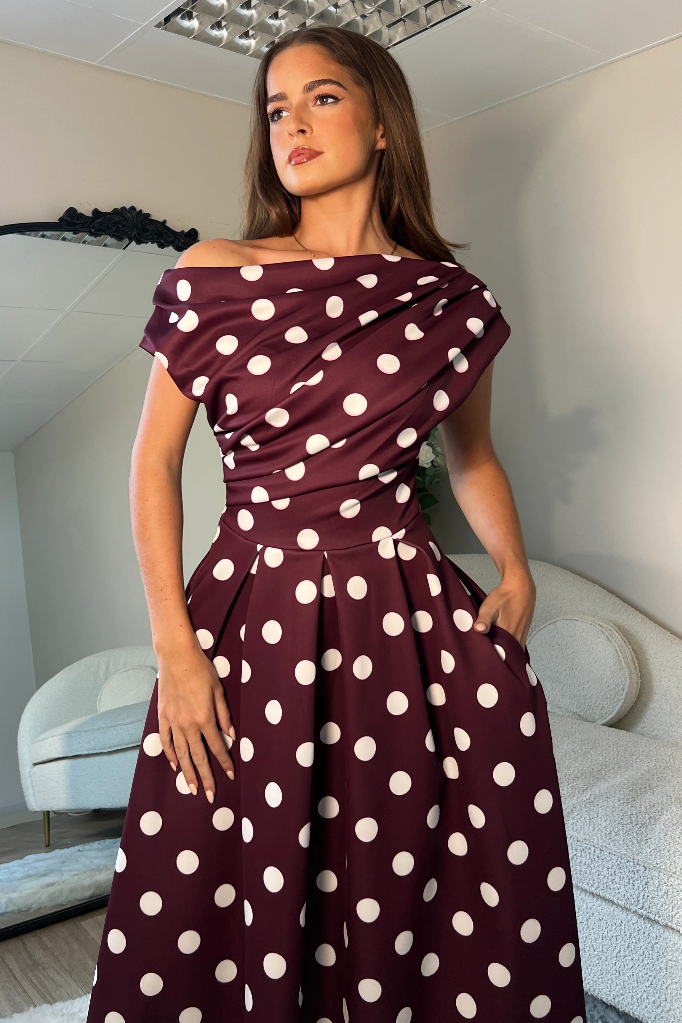 Betty Asymmetric Neckline Skater Midi Berry Spot - Image 2