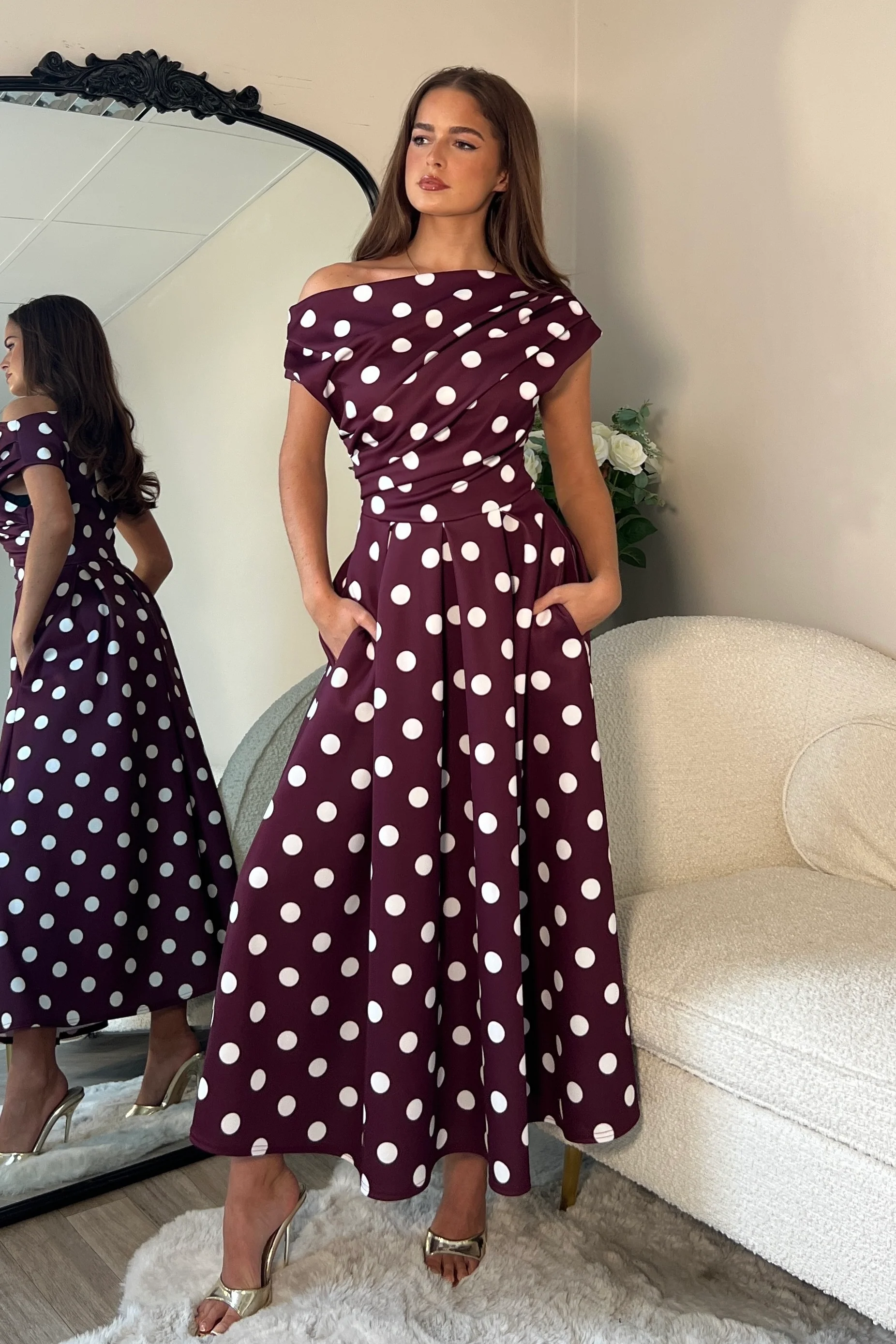 Betty Asymmetric Neckline Skater Midi Berry Spot - Image 3