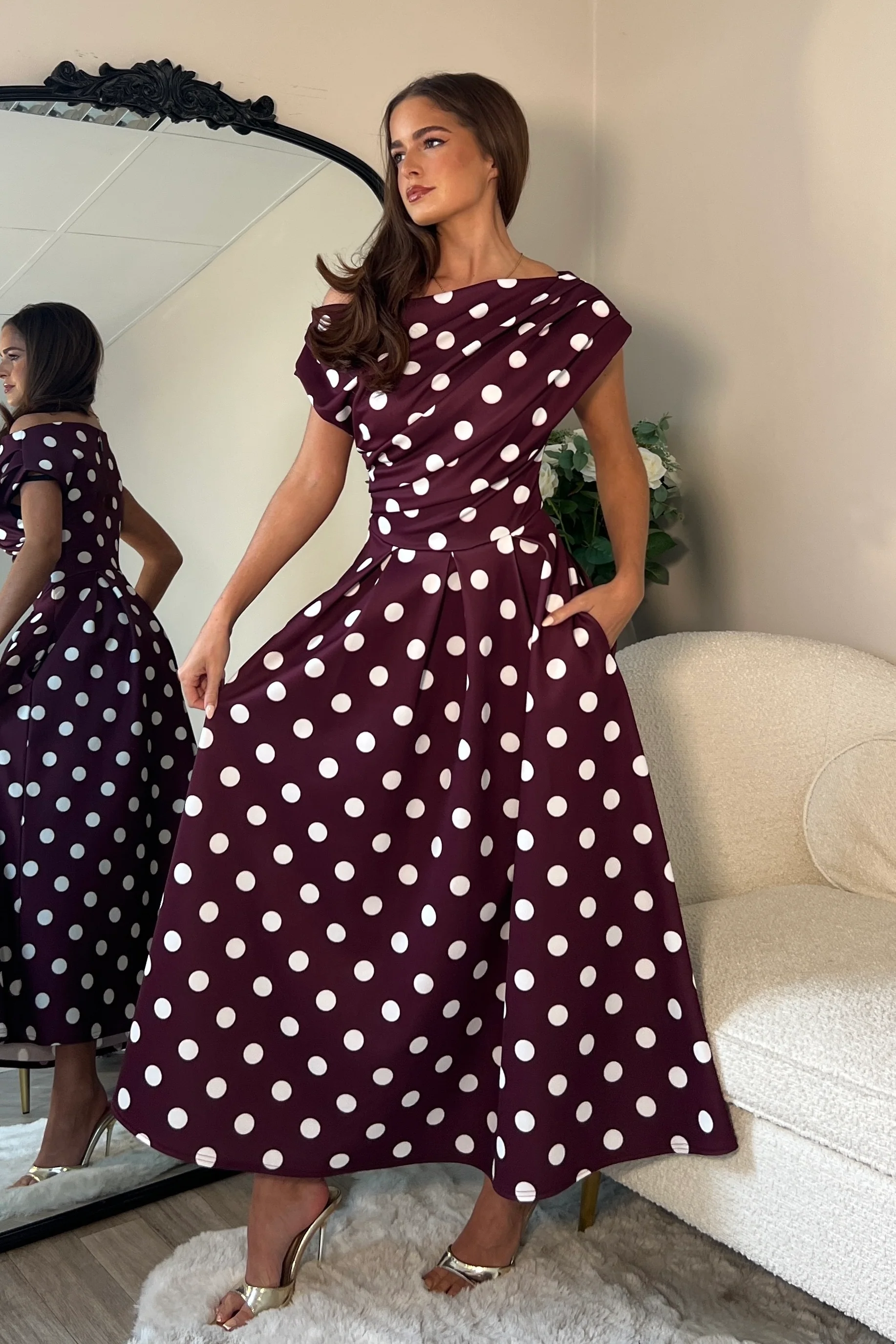 Betty Asymmetric Neckline Skater Midi Berry Spot - Image 4