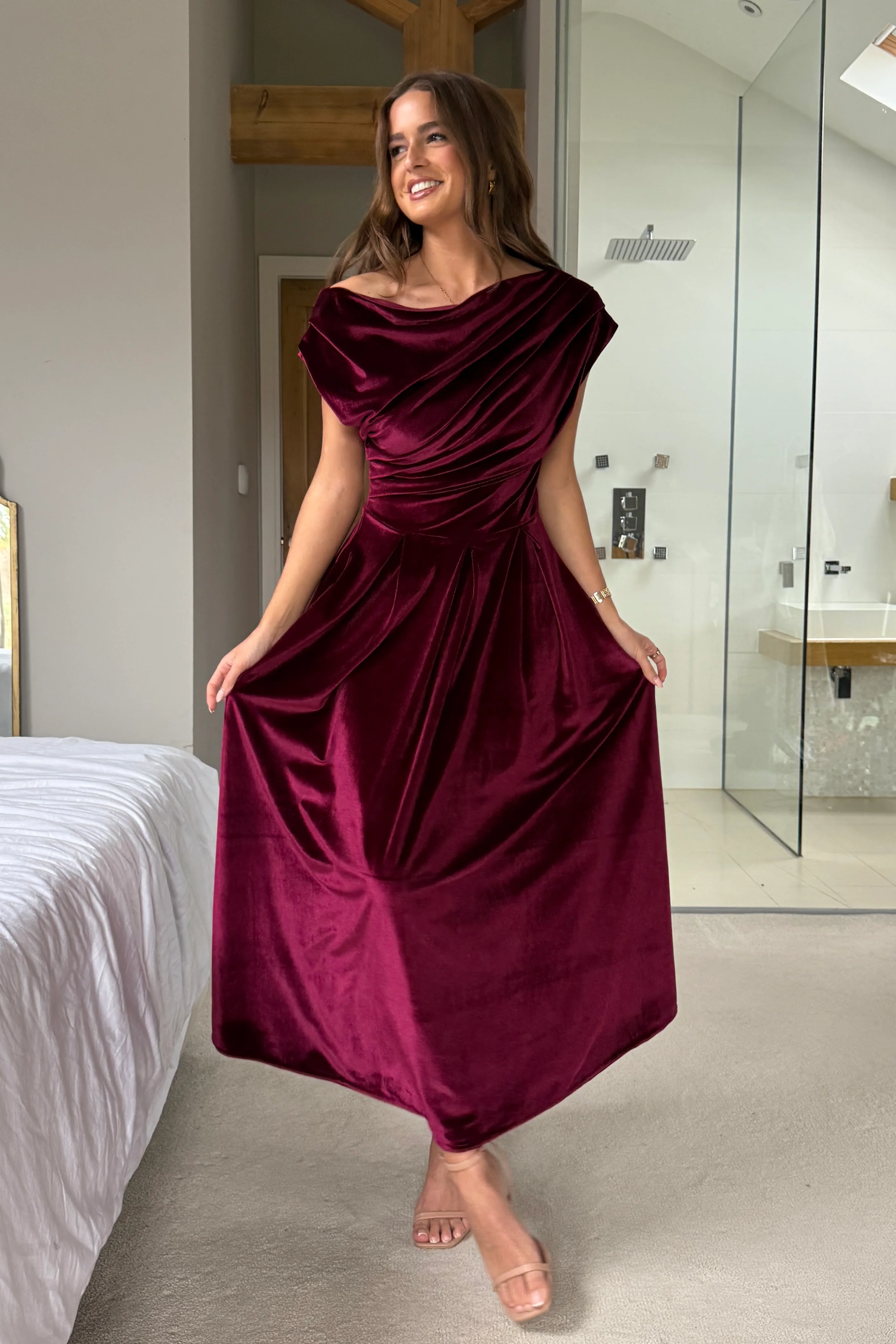 Betty Asymmetric Neckline Skater Midi Berry Velvet - Image 3