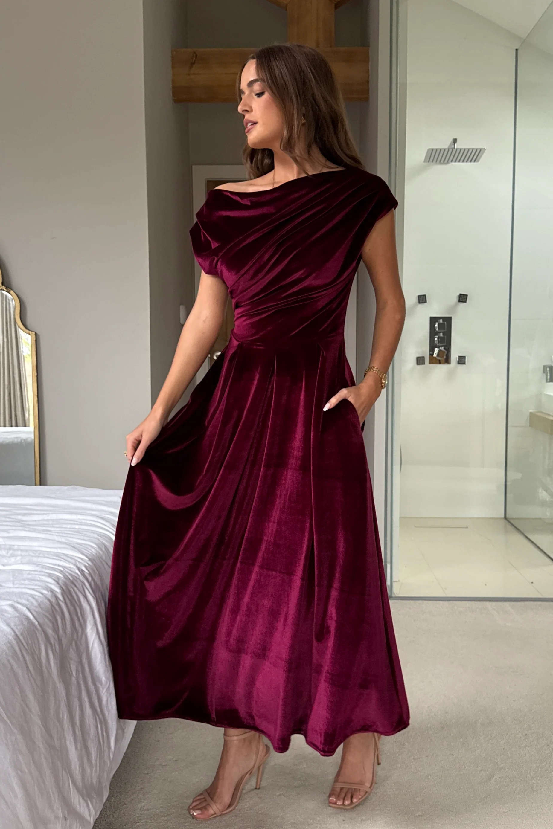Betty Asymmetric Neckline Skater Midi Berry Velvet - Image 4