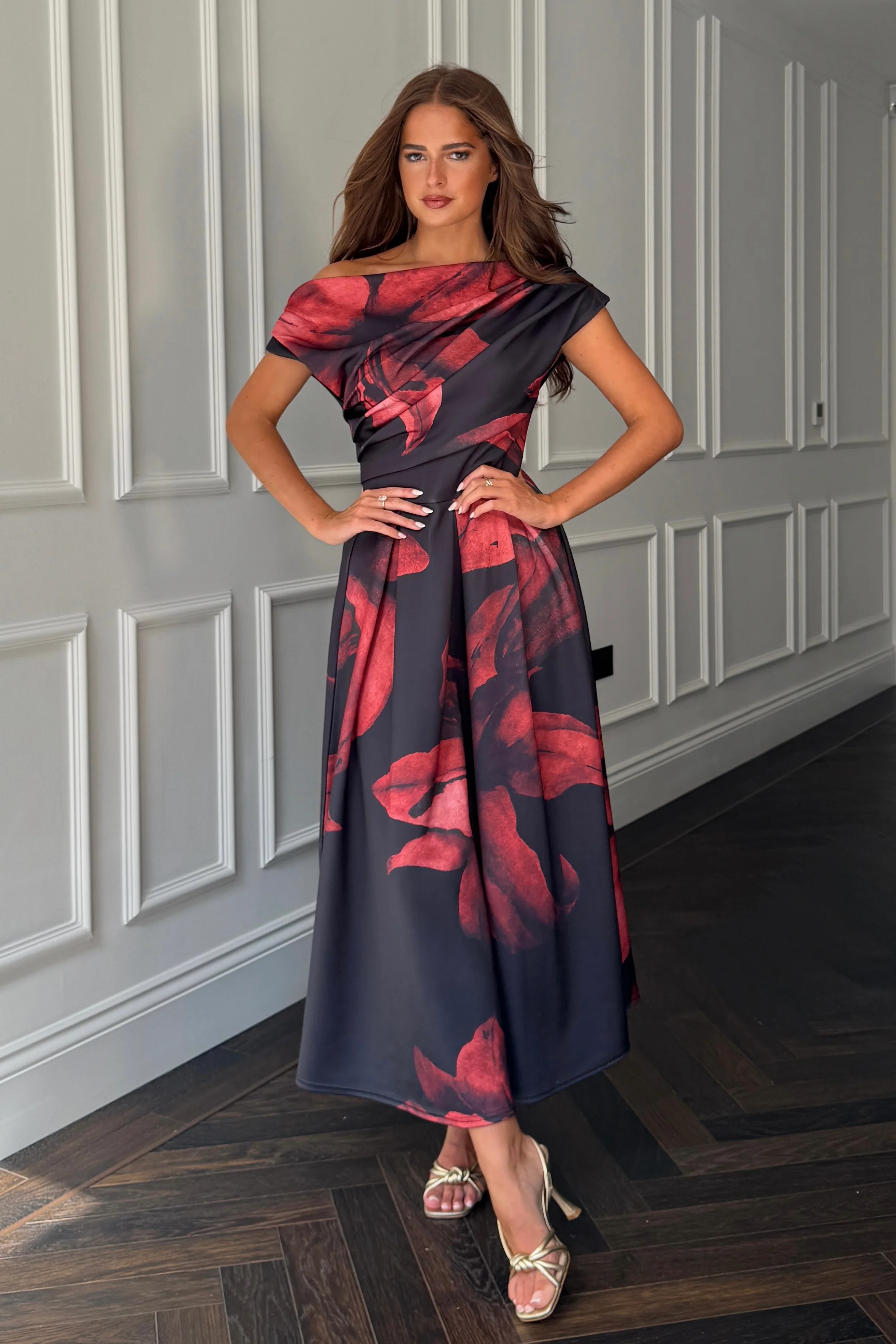 Betty Asymmetric Neckline Skater Midi Black Floral - Image 3