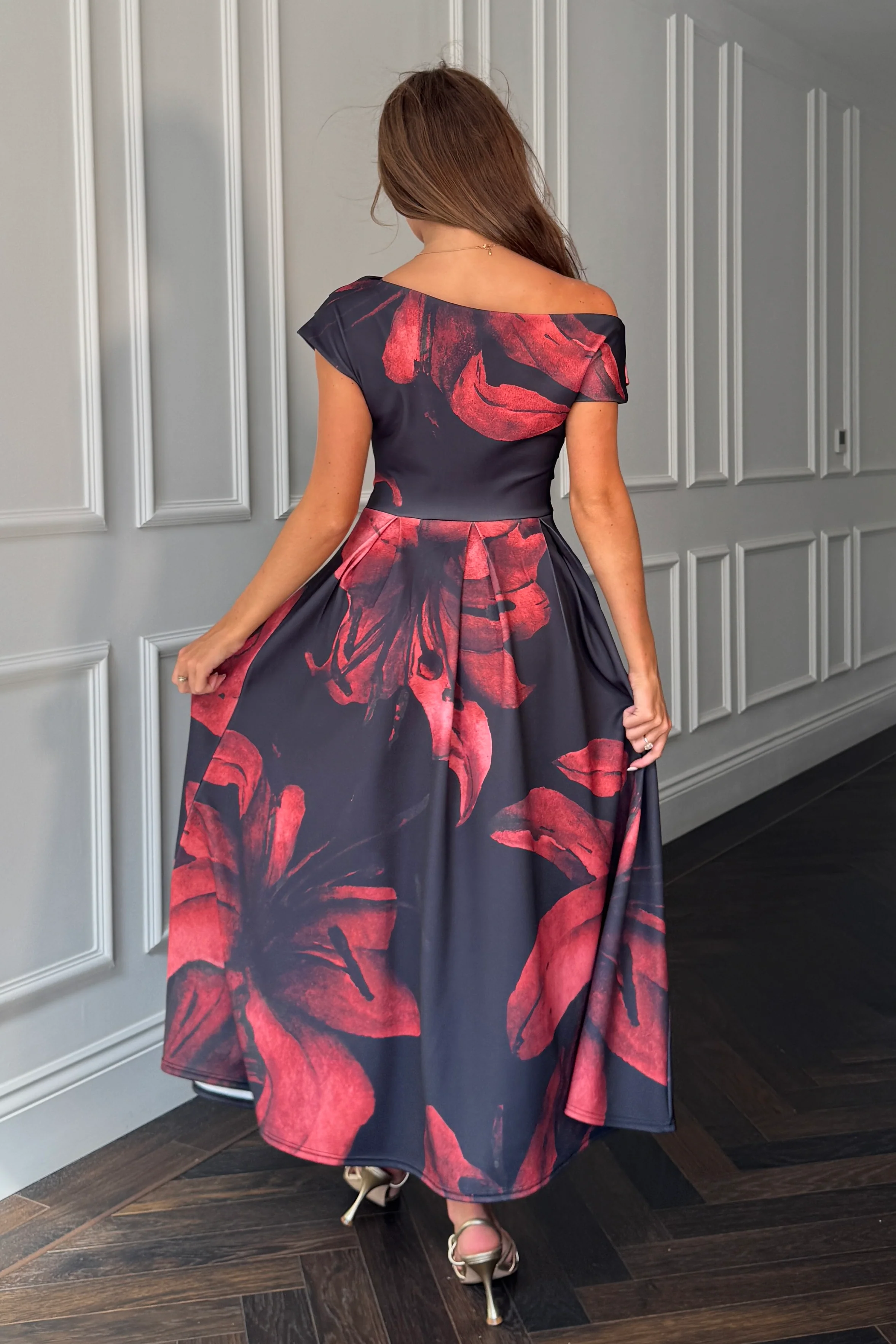 Betty Asymmetric Neckline Skater Midi Black Floral - Image 5