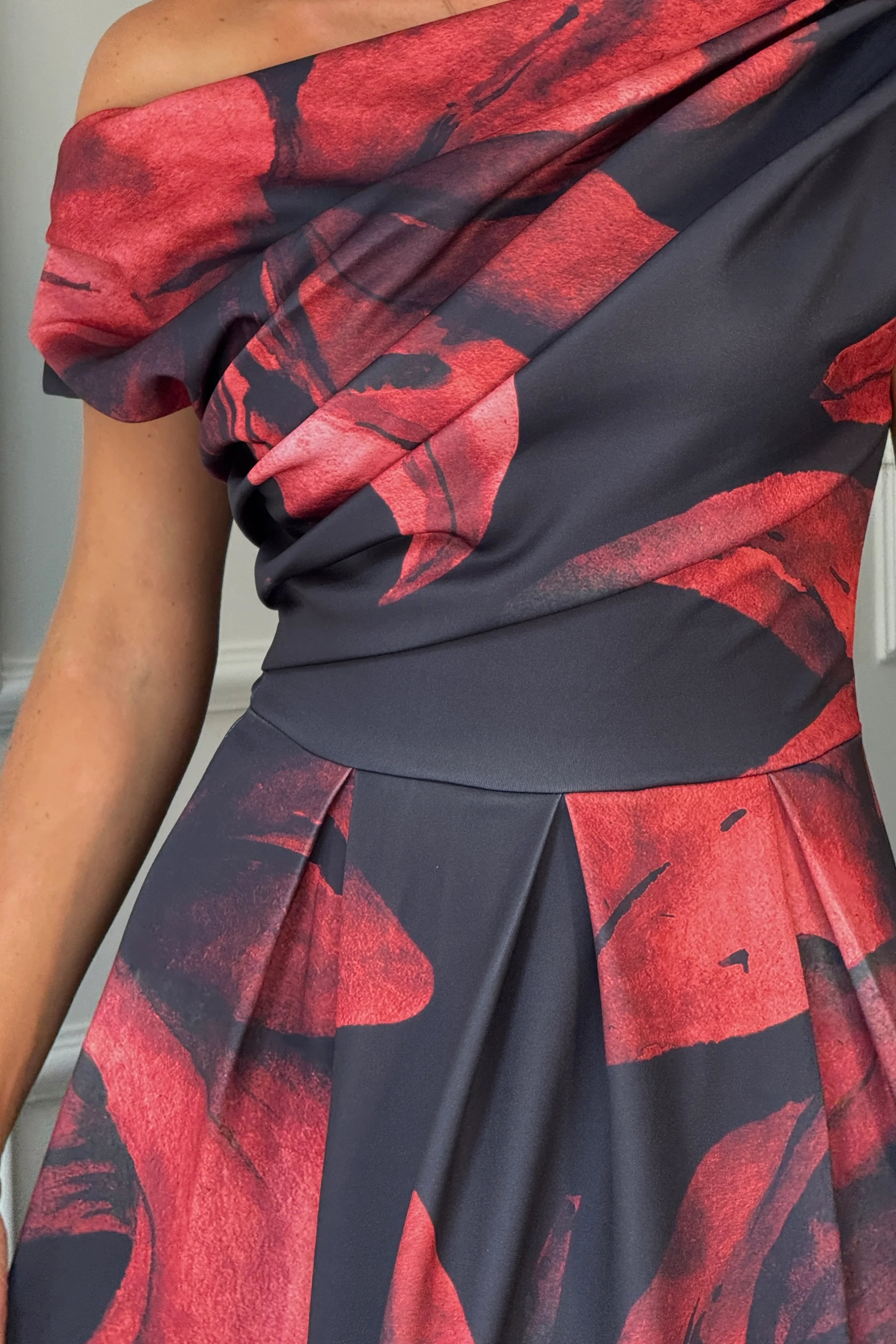 Betty Asymmetric Neckline Skater Midi Black Floral - Image 6