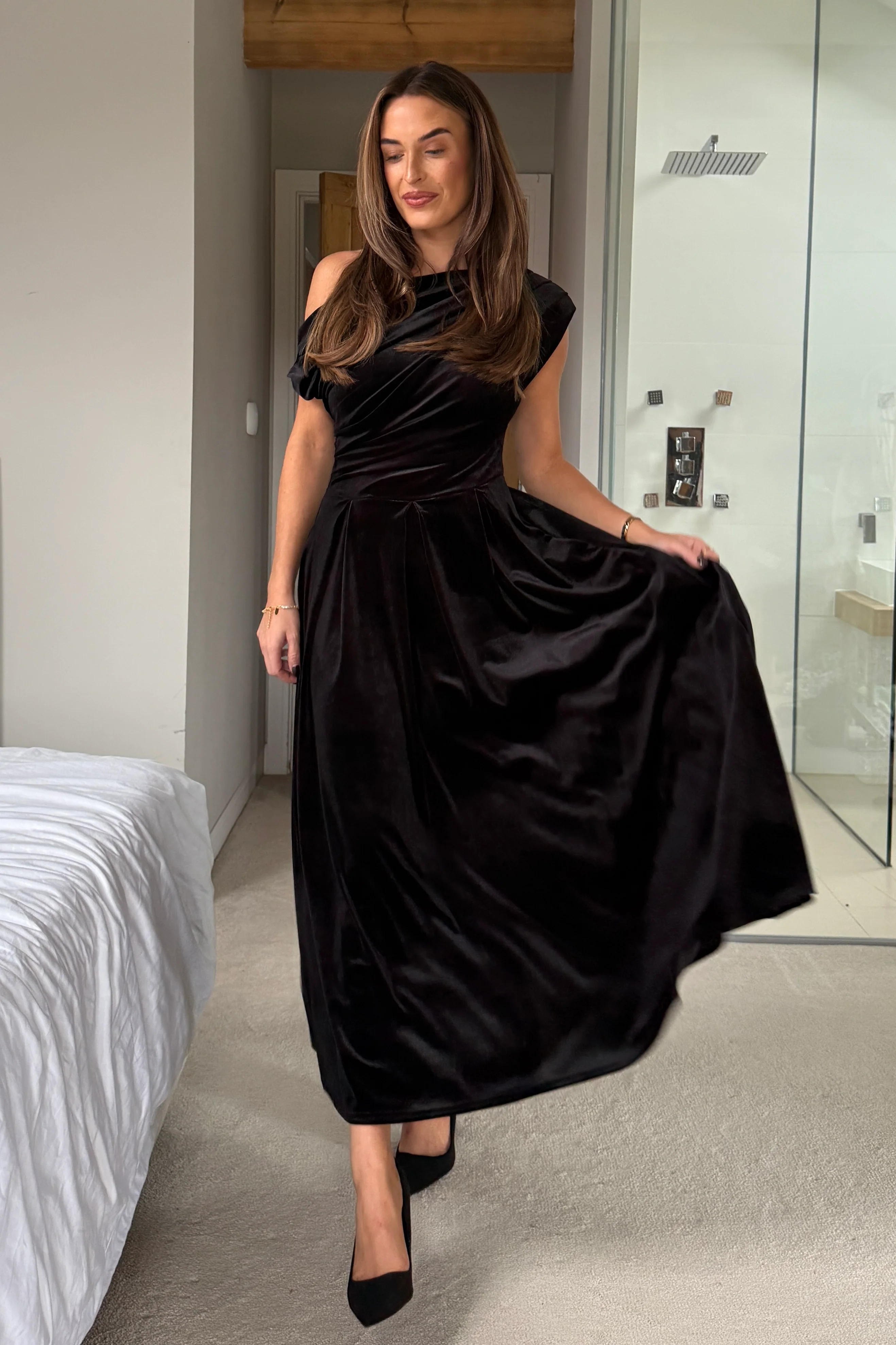Betty Asymmetric Neckline Skater Midi Black Velvet - Image 3