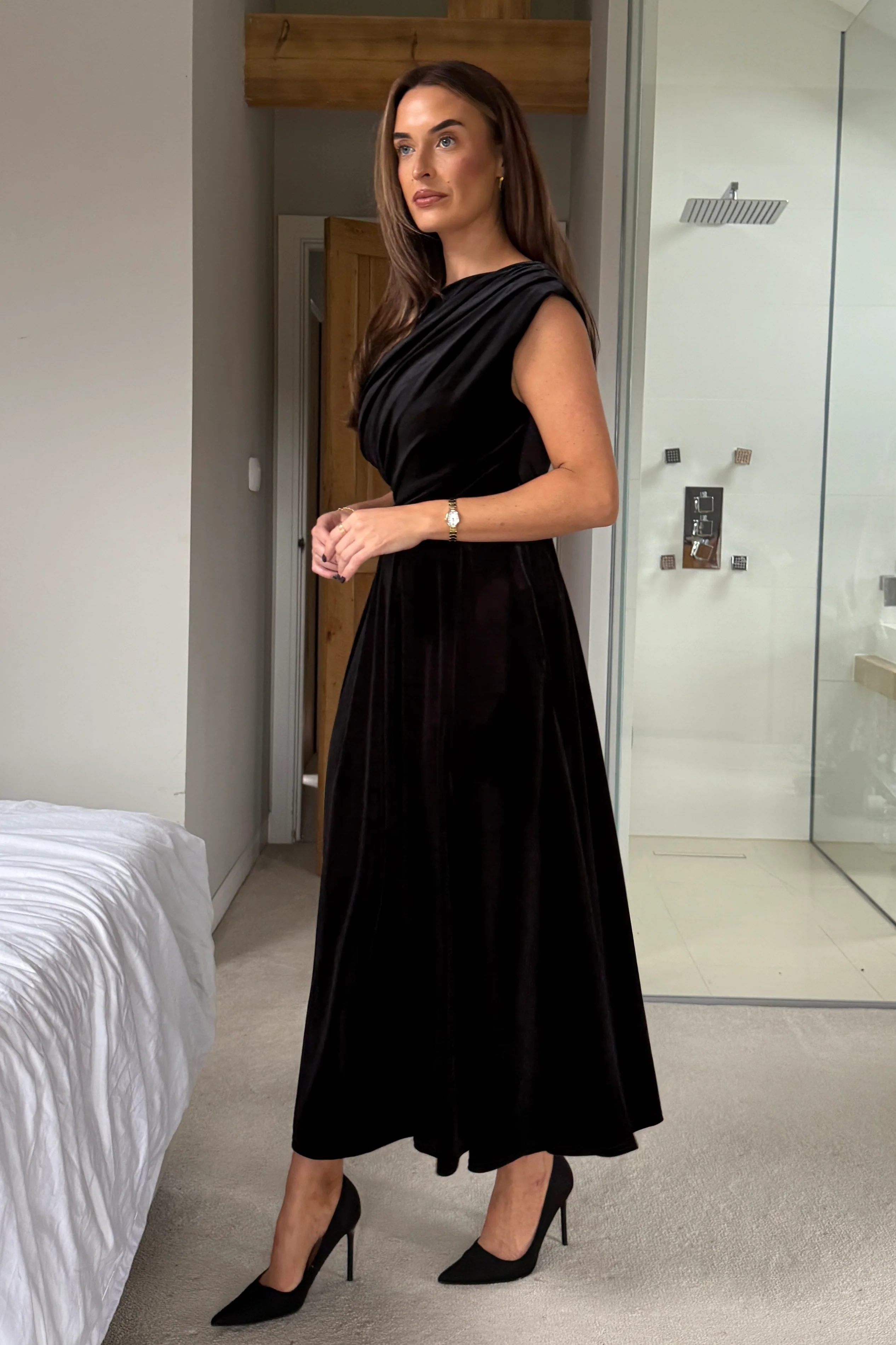Betty Asymmetric Neckline Skater Midi Black Velvet - Image 4