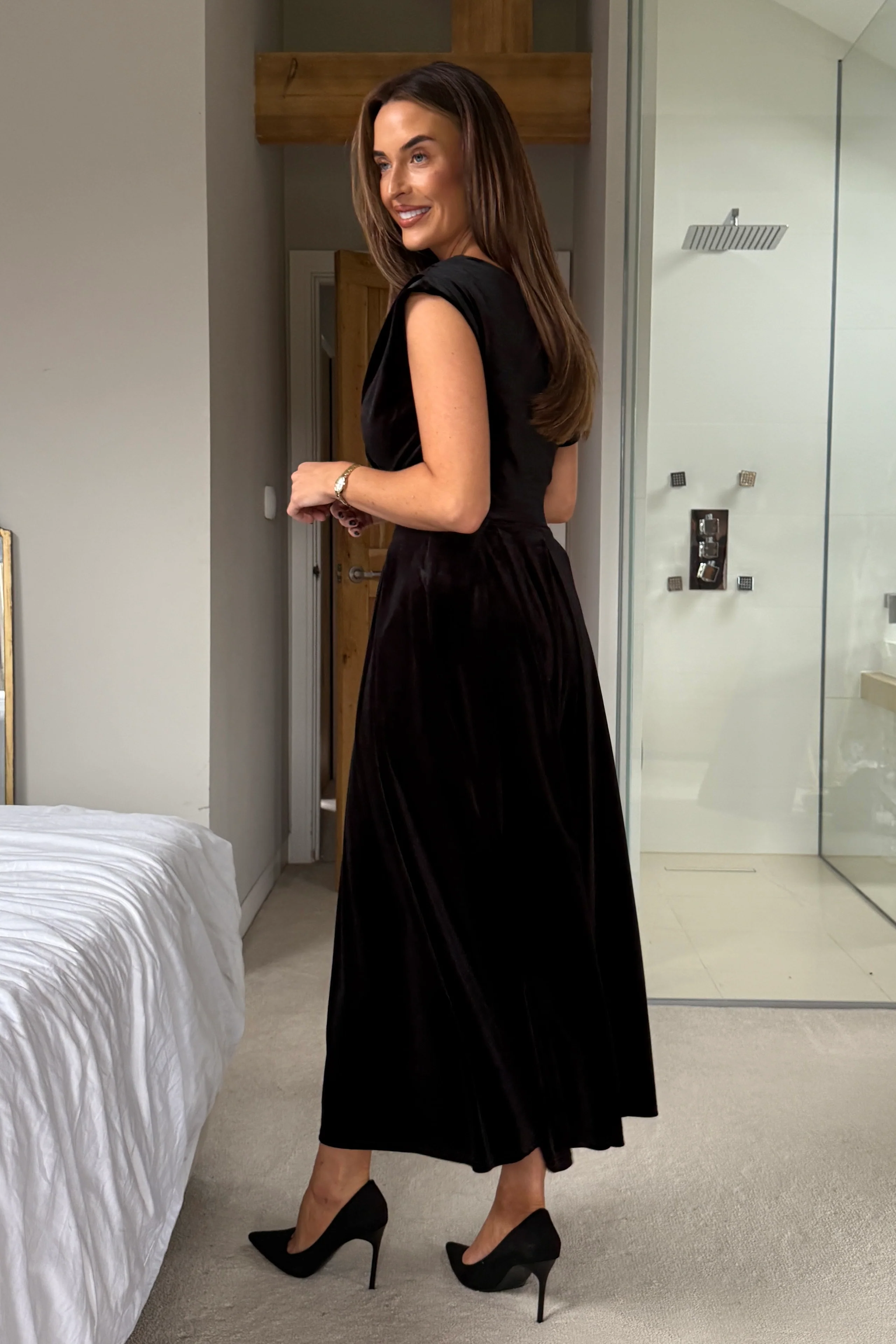 Betty Asymmetric Neckline Skater Midi Black Velvet - Image 5