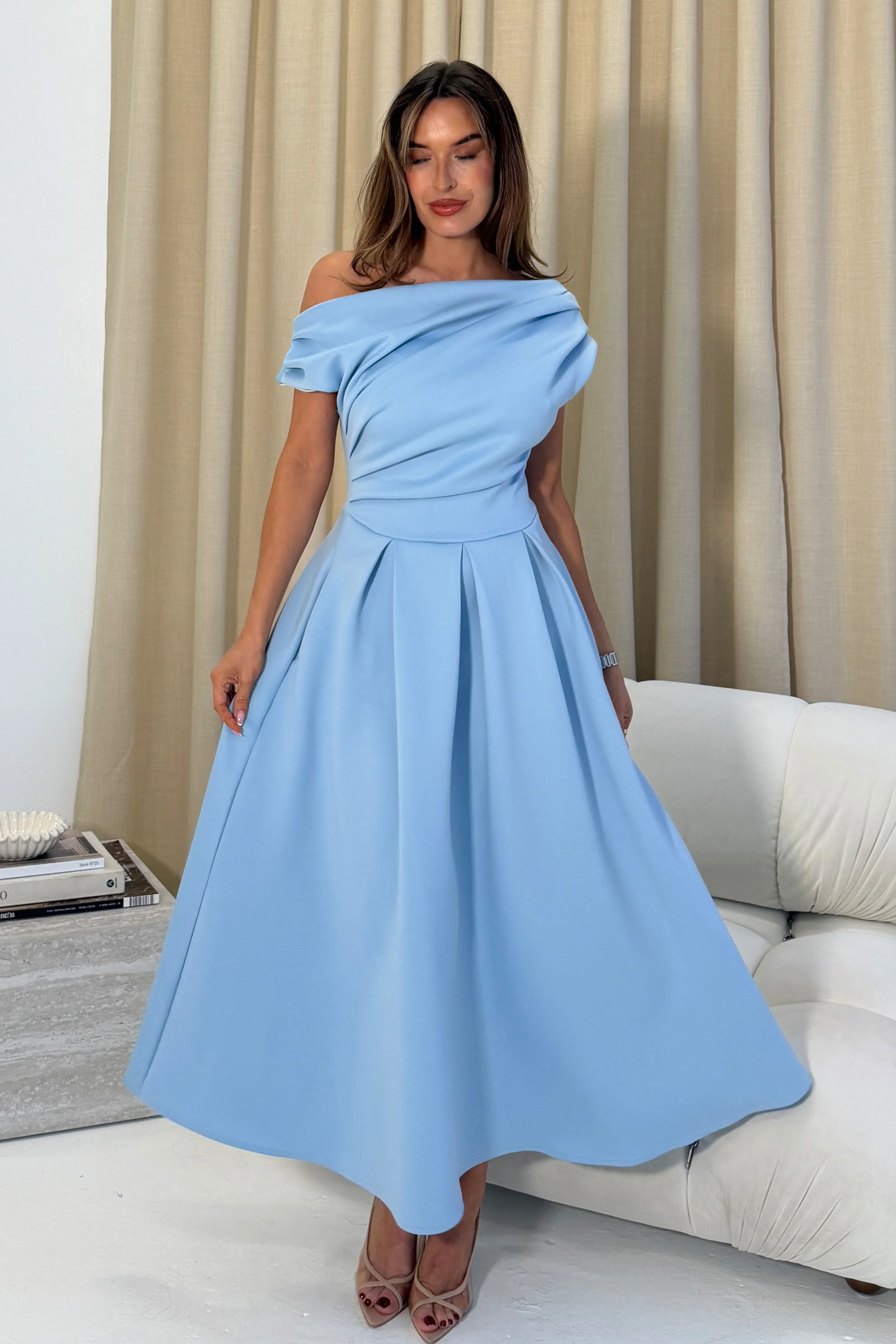 Betty Asymmetric Neckline Skater Midi Blue - Image 3