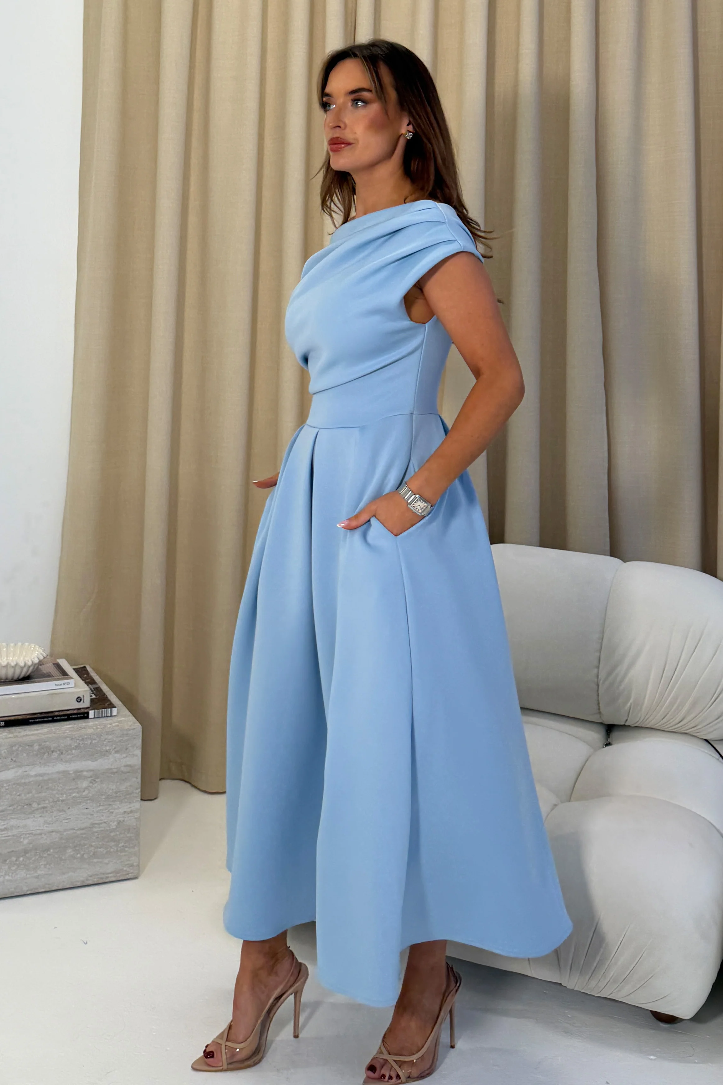Betty Asymmetric Neckline Skater Midi Blue - Image 4