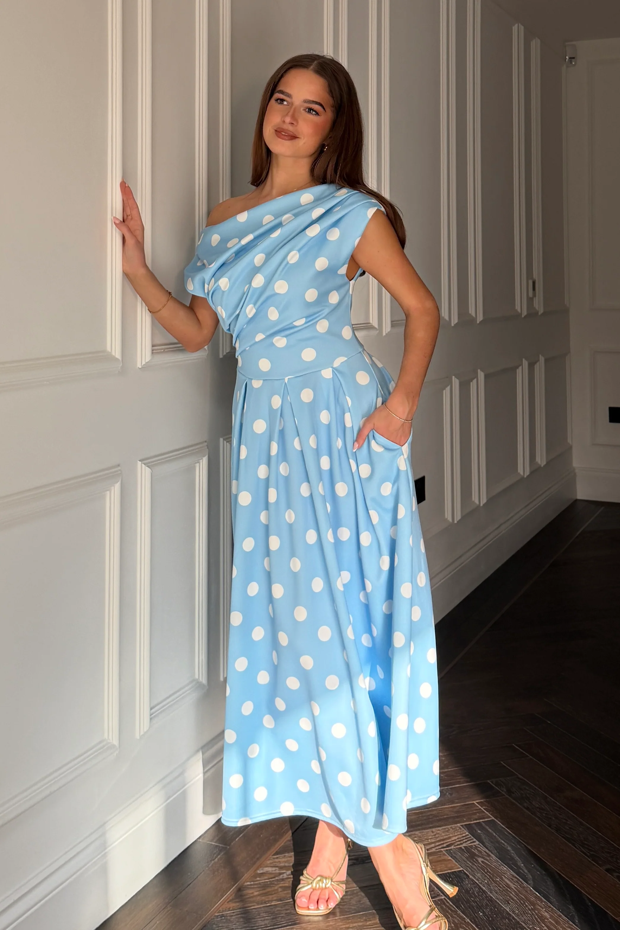 Betty Asymmetric Neckline Skater Midi  Blue Polka - Image 3