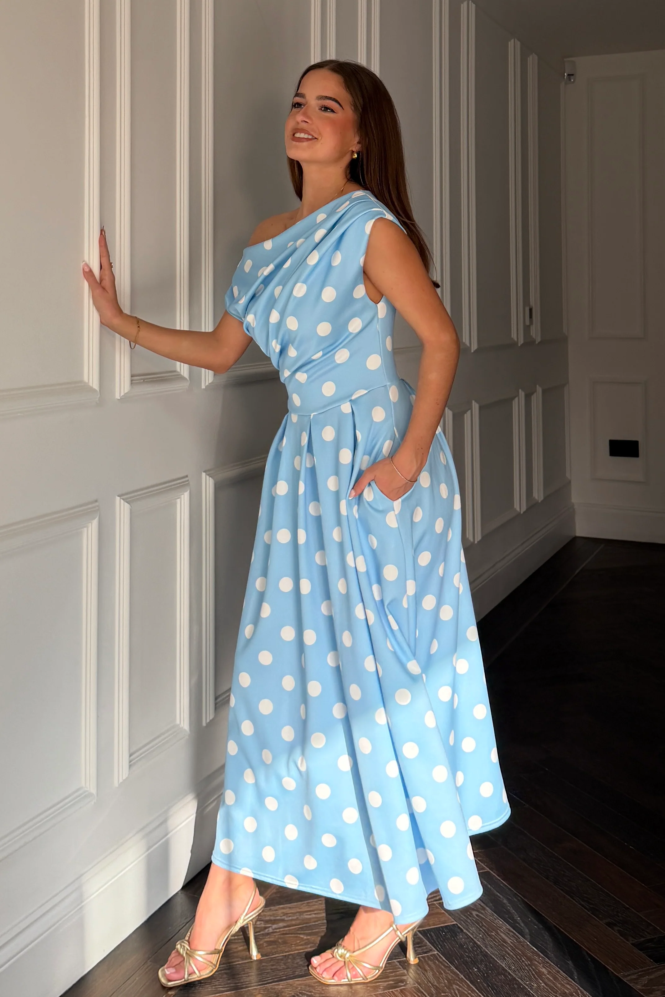 Betty Asymmetric Neckline Skater Midi  Blue Polka - Image 4