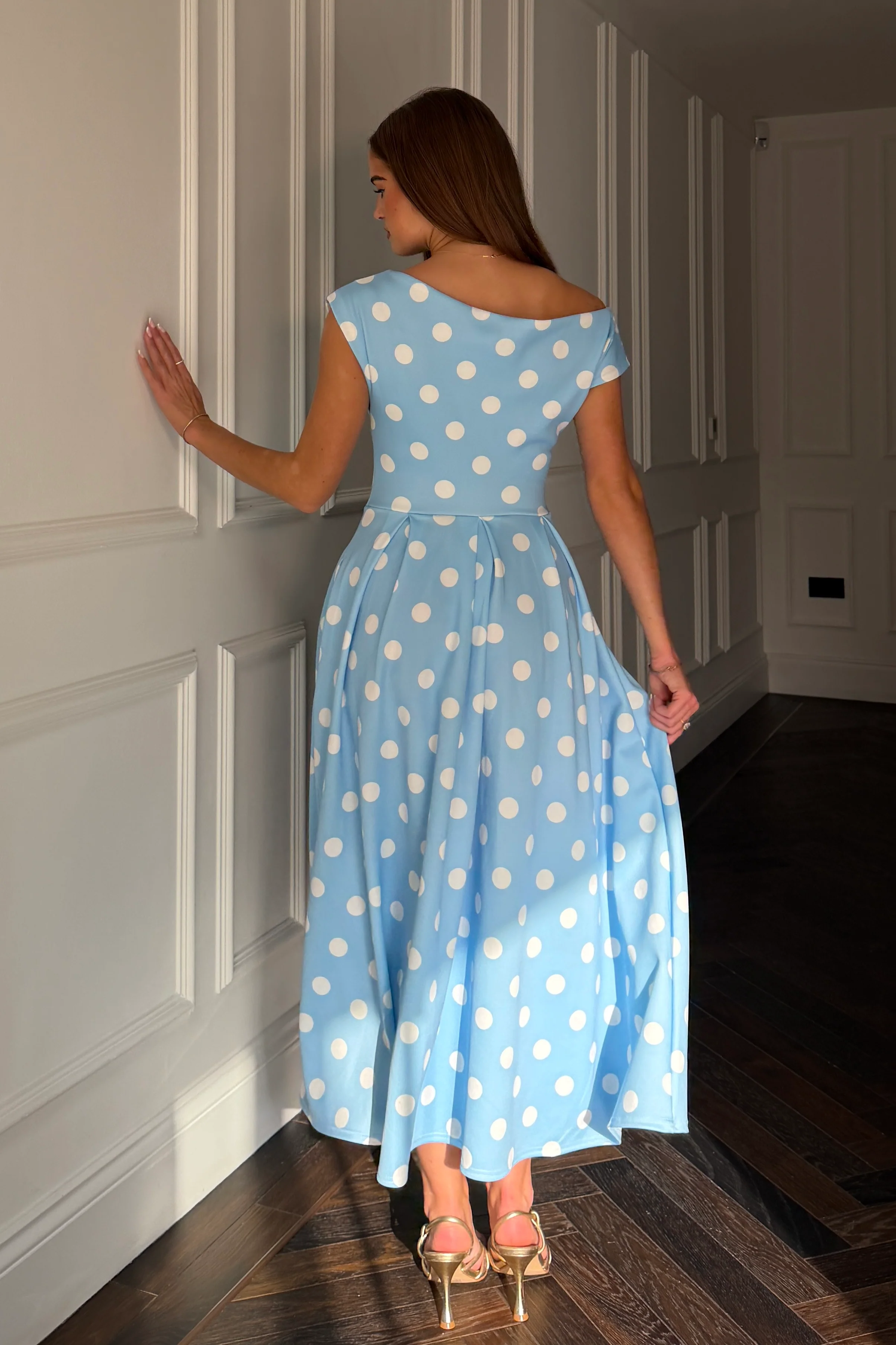 Betty Asymmetric Neckline Skater Midi  Blue Polka - Image 5