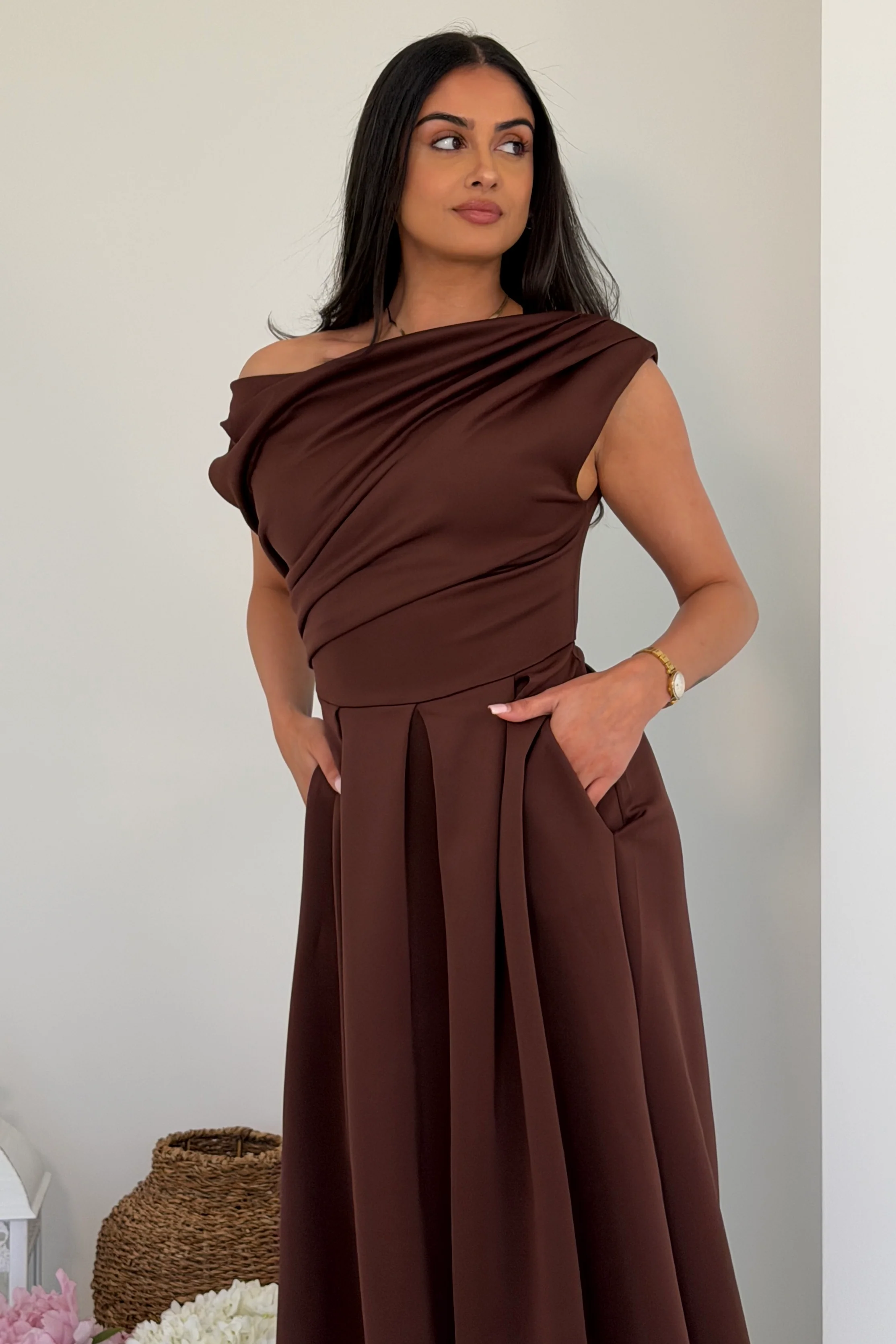 Betty Asymmetric Neckline Skater Midi Brown - Image 2