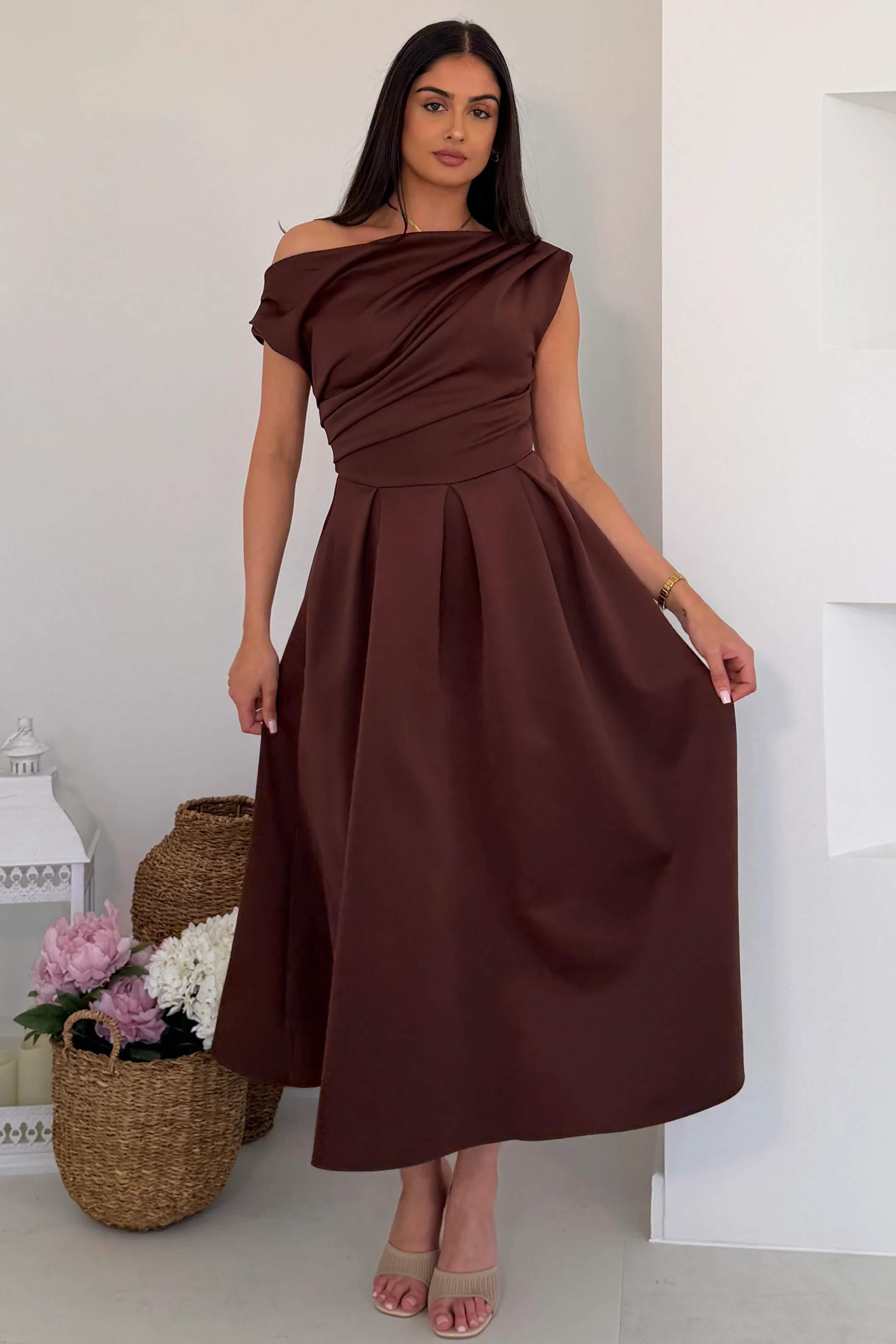 Betty Asymmetric Neckline Skater Midi Brown - Image 3