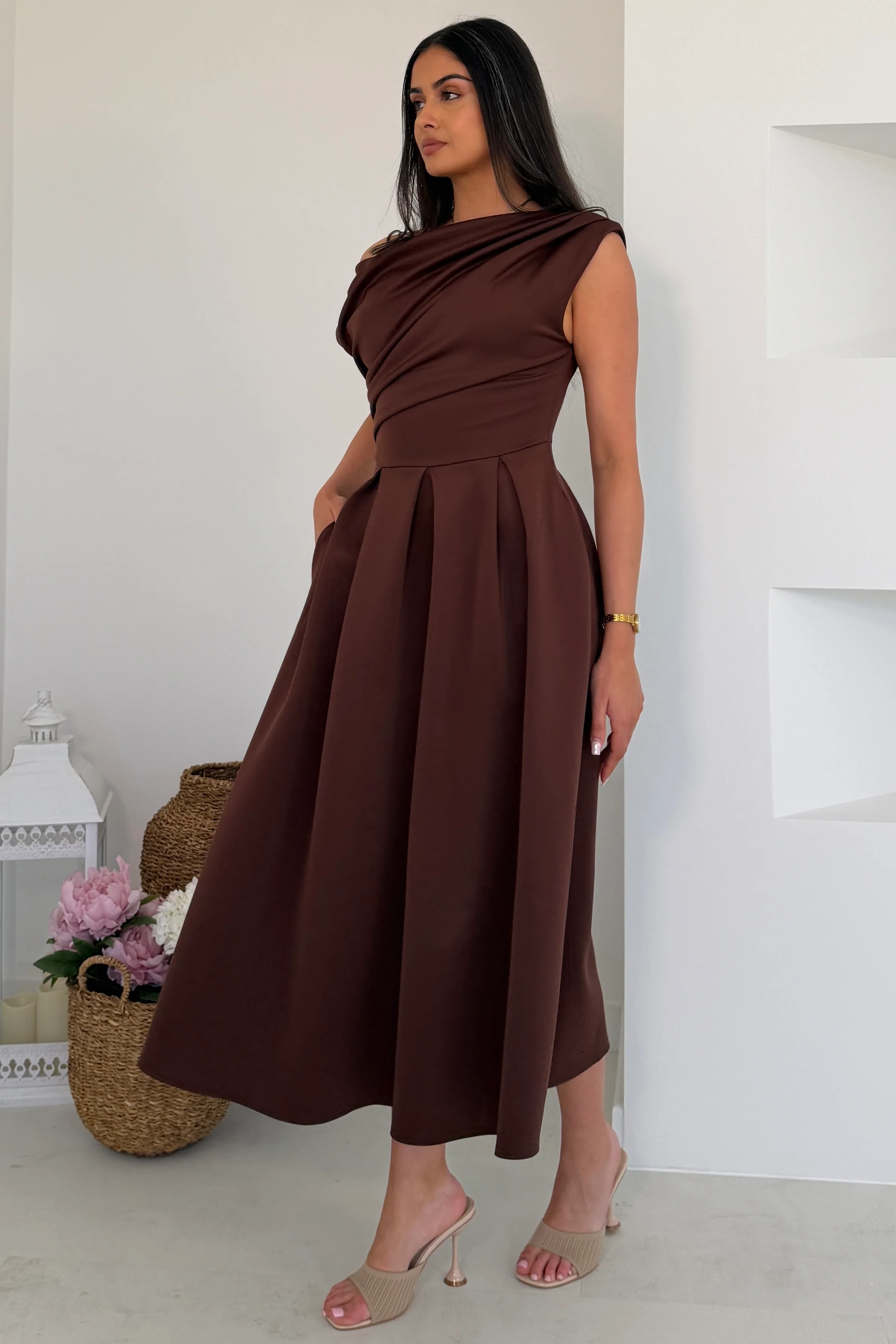 Betty Asymmetric Neckline Skater Midi Brown - Image 4